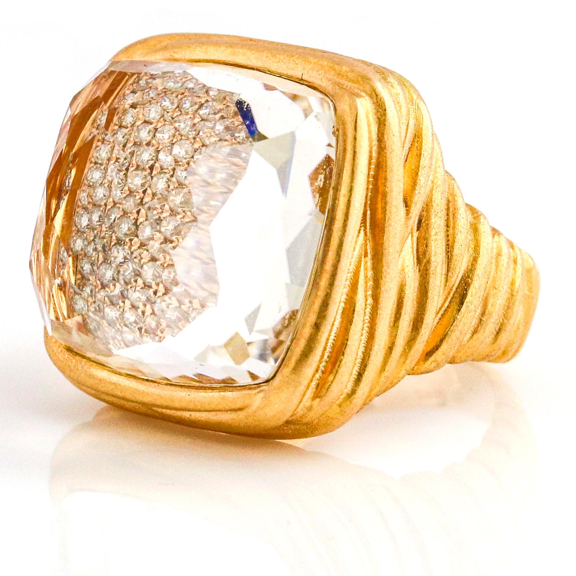 Round Cut 18 Karat Rose Gold Clear Quartz Pave Diamond Fashion Statement Ring For Sale