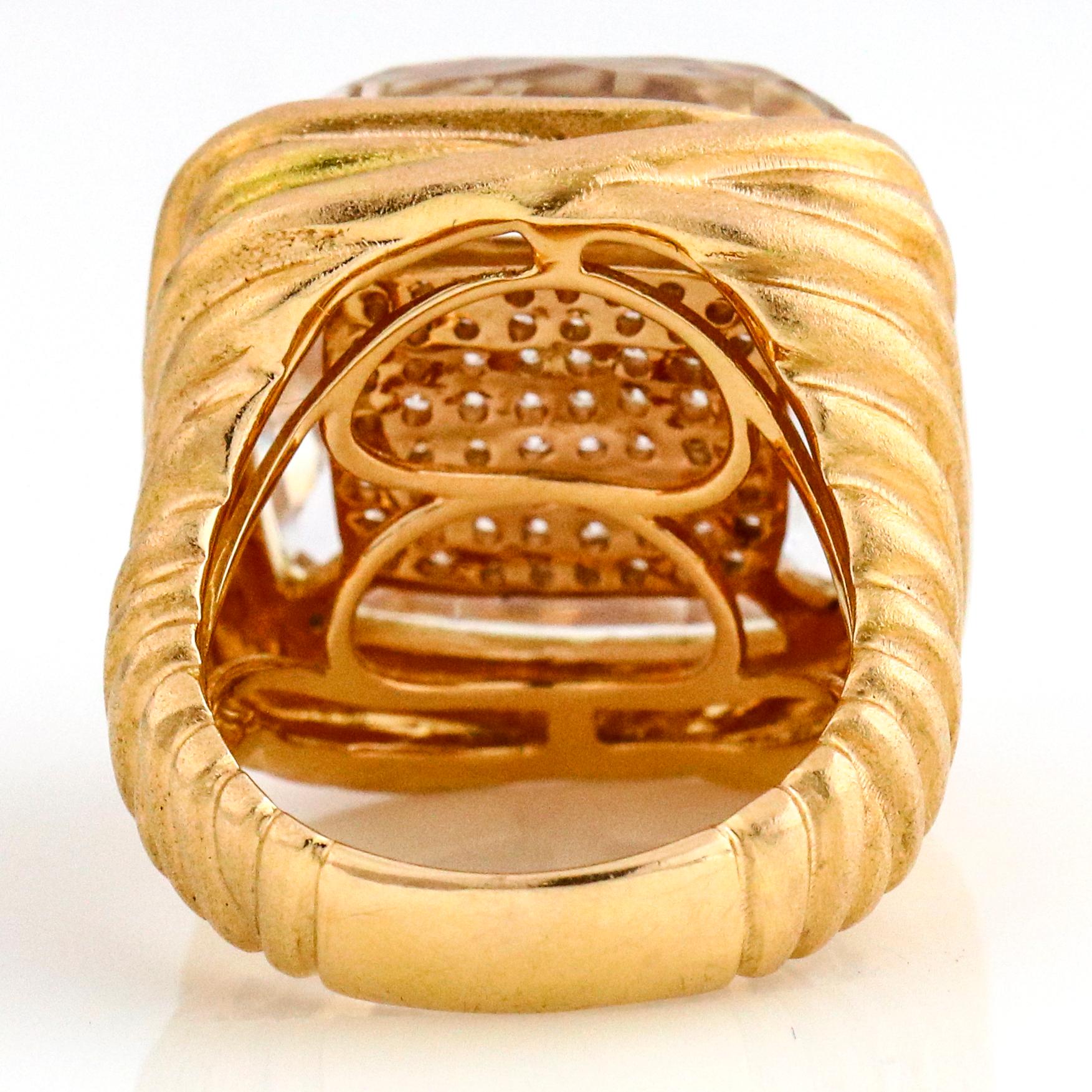 Women's 18 Karat Rose Gold Clear Quartz Pave Diamond Fashion Statement Ring For Sale