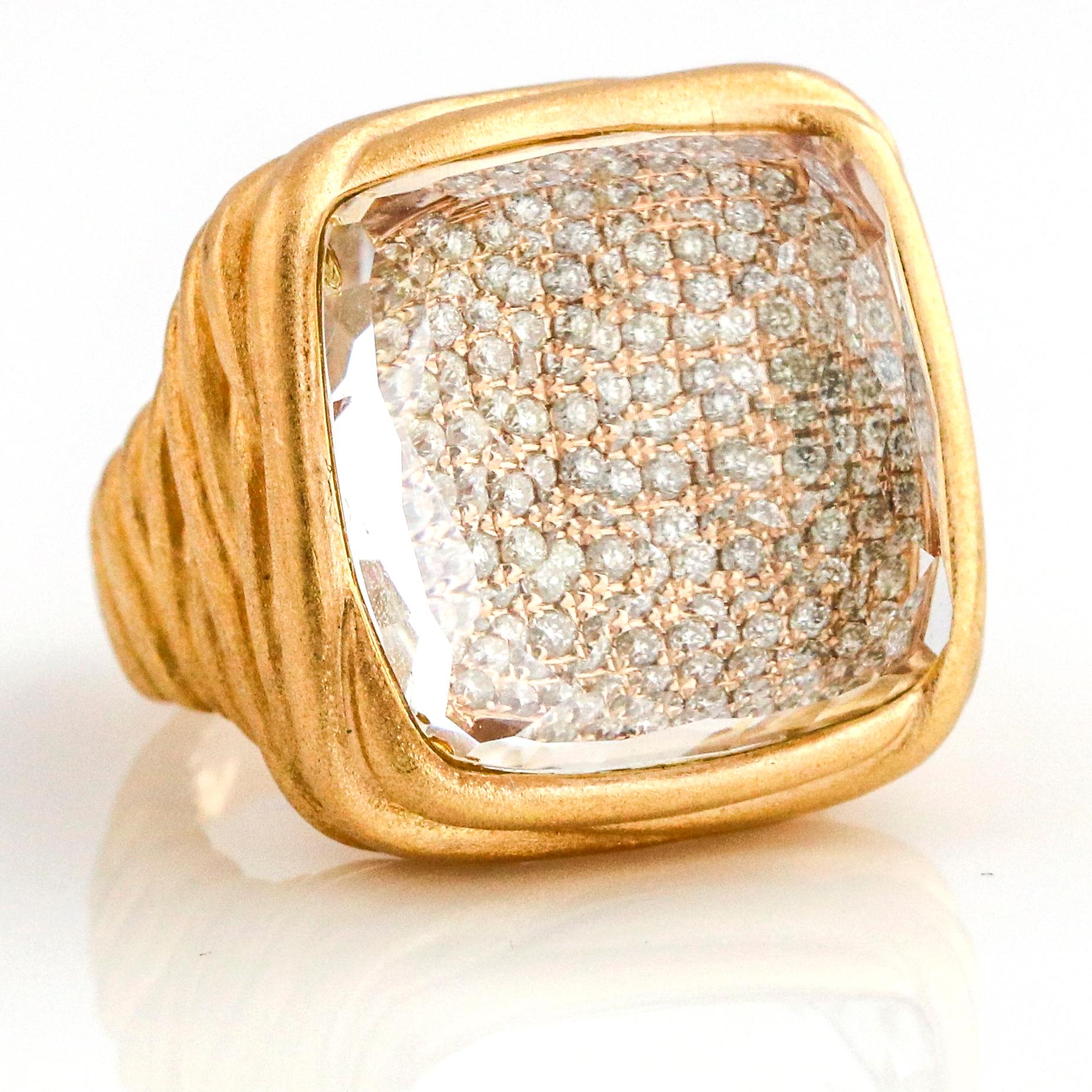 18 Karat Rose Gold Clear Quartz Pave Diamond Fashion Statement Ring For Sale 2