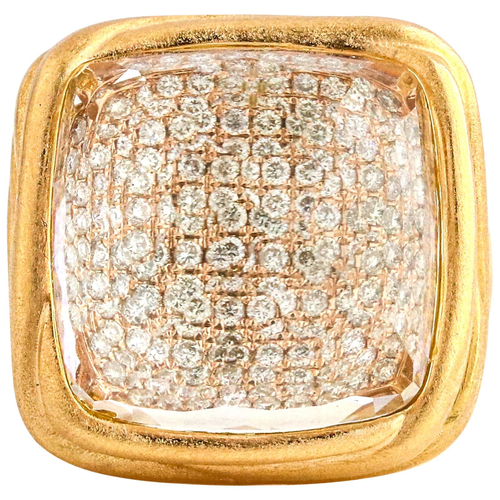 18 Karat Rose Gold Clear Quartz Pave Diamond Fashion Statement Ring For Sale