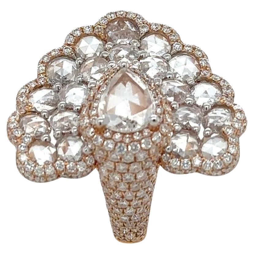 18K Rose Gold Cocktail Ring Featuring Rose Cut Round and Pear Shape Diamonds