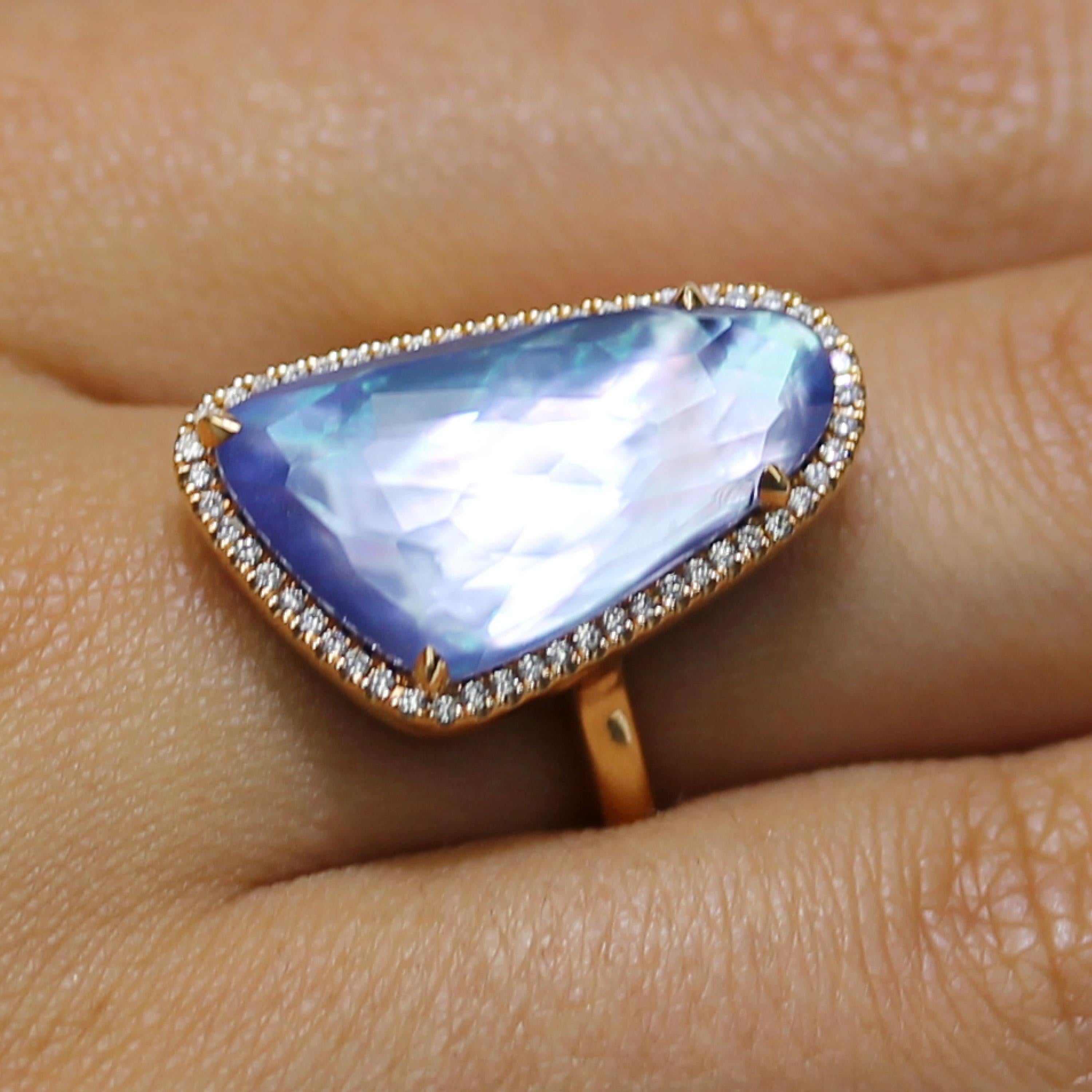 Contemporary 18K Rose Gold Cocktail Ring w/Lapis Lazuli, Mother of Pearl, Amethyst & Diamonds For Sale