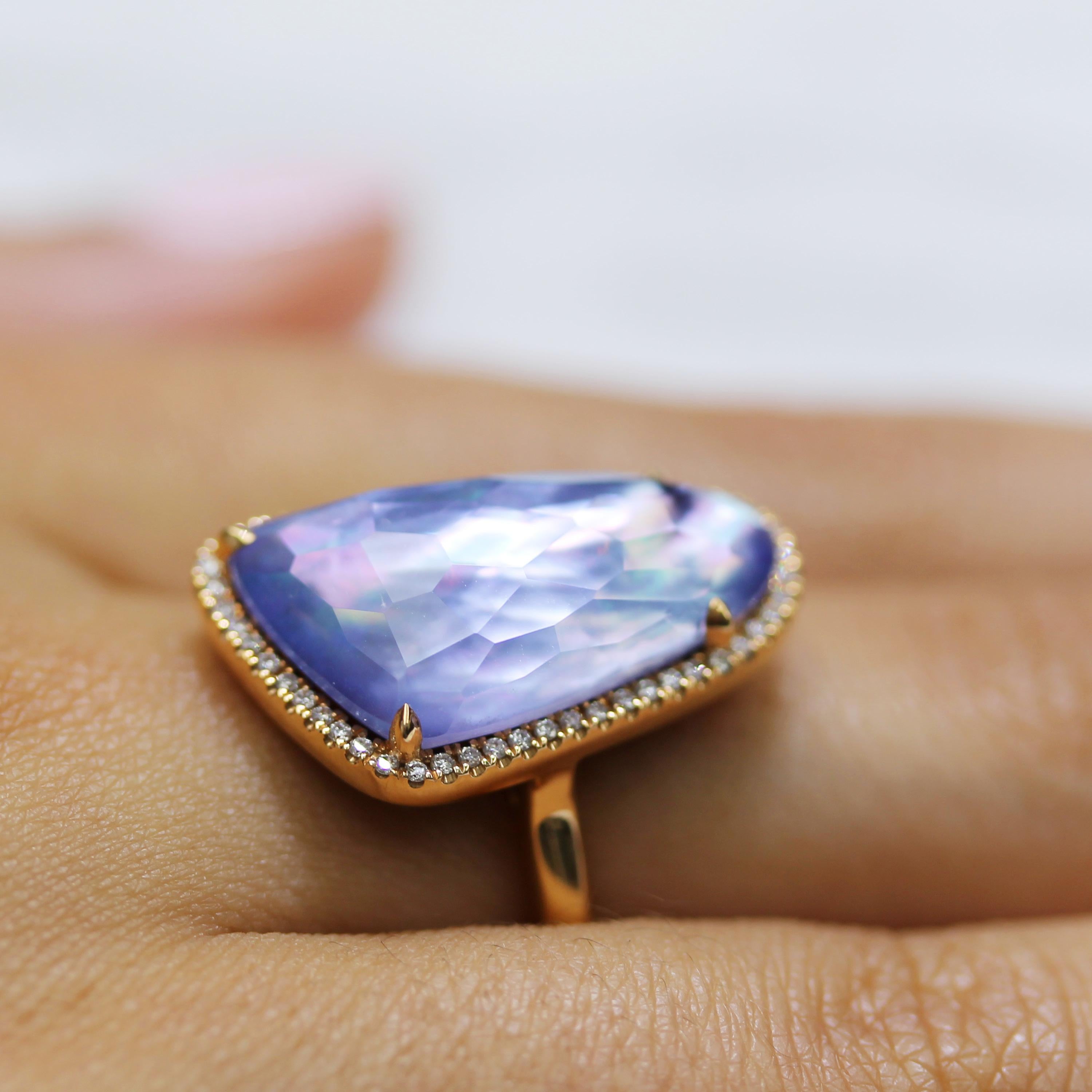 Mixed Cut 18K Rose Gold Cocktail Ring w/Lapis Lazuli, Mother of Pearl, Amethyst & Diamonds For Sale