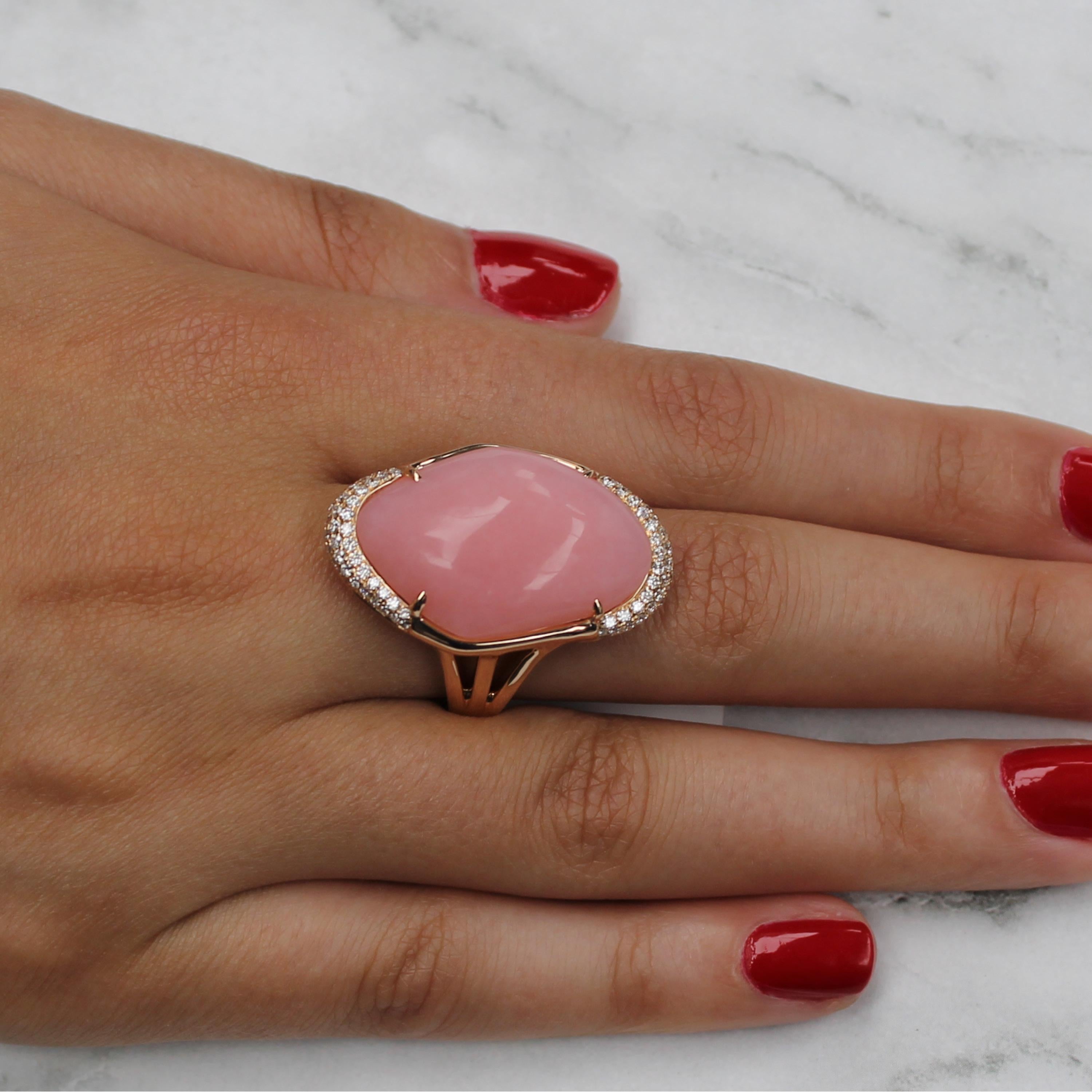 Cabochon-cut Pink Opal ring, with pave diamond accents, split shank, set in 18K rose gold. Finger size 6.5, adjustable upon request/quote. Pink Opal is a powerful stone, known for healing the emotions, especially those connected with subconsciously