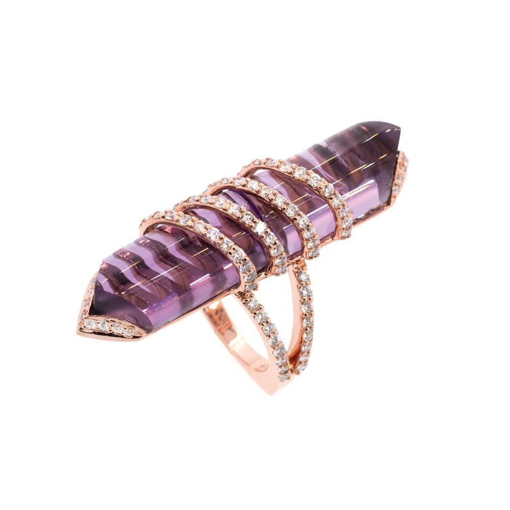 
Product Name: Twist Ring
Diamonds: Colorless Diamonds
Metal: 18K Rose Gold 
Stone: Amethyst
Sizing available upon request.

Certificate of Authenticity
This creation is an Alessa Jewelry original. It is produced in accordance to our traditionally