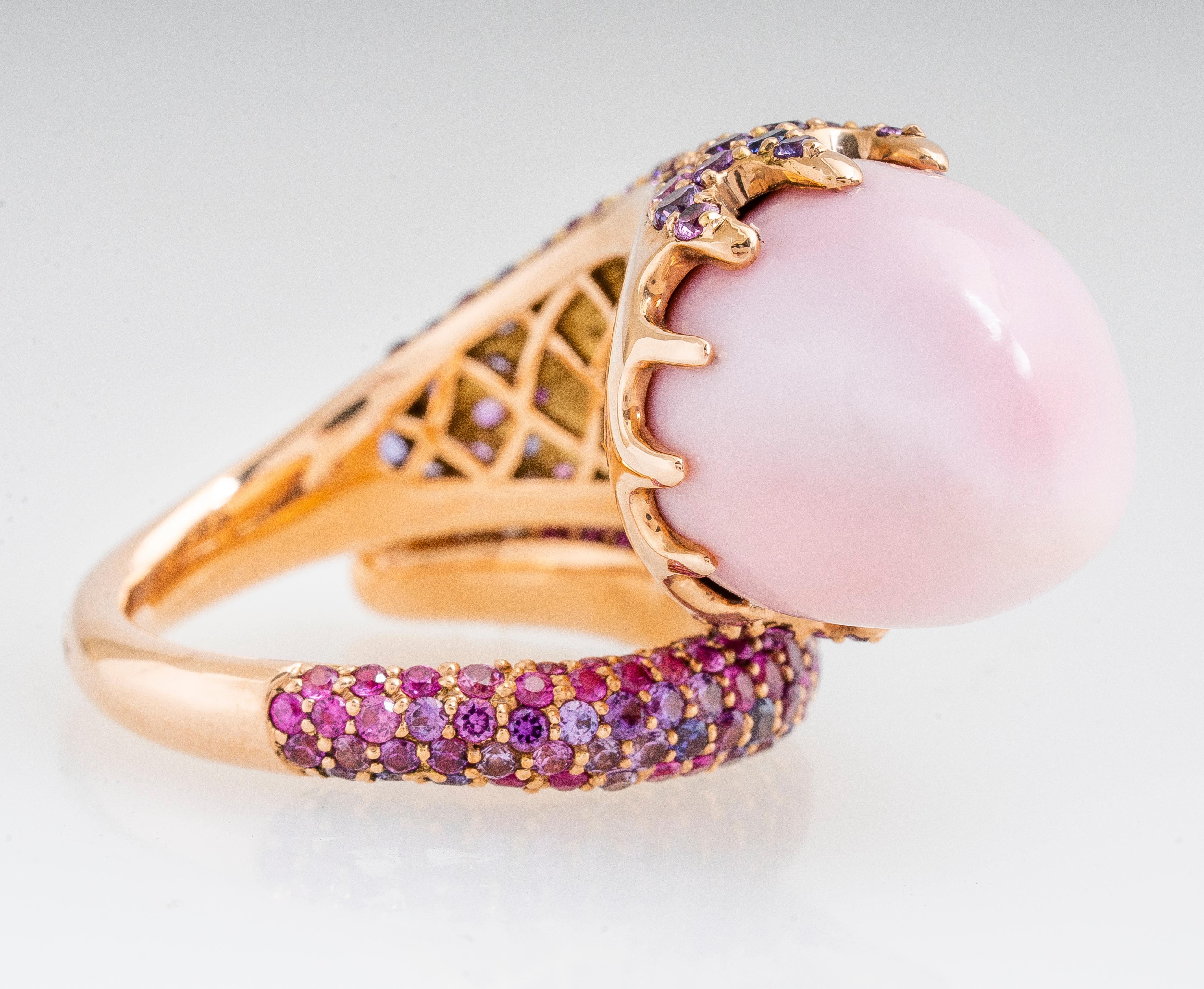 Modern 18 Karat Rose Gold Conch Pearl Purple/Pink Sapphire and Diamond Pave Ring