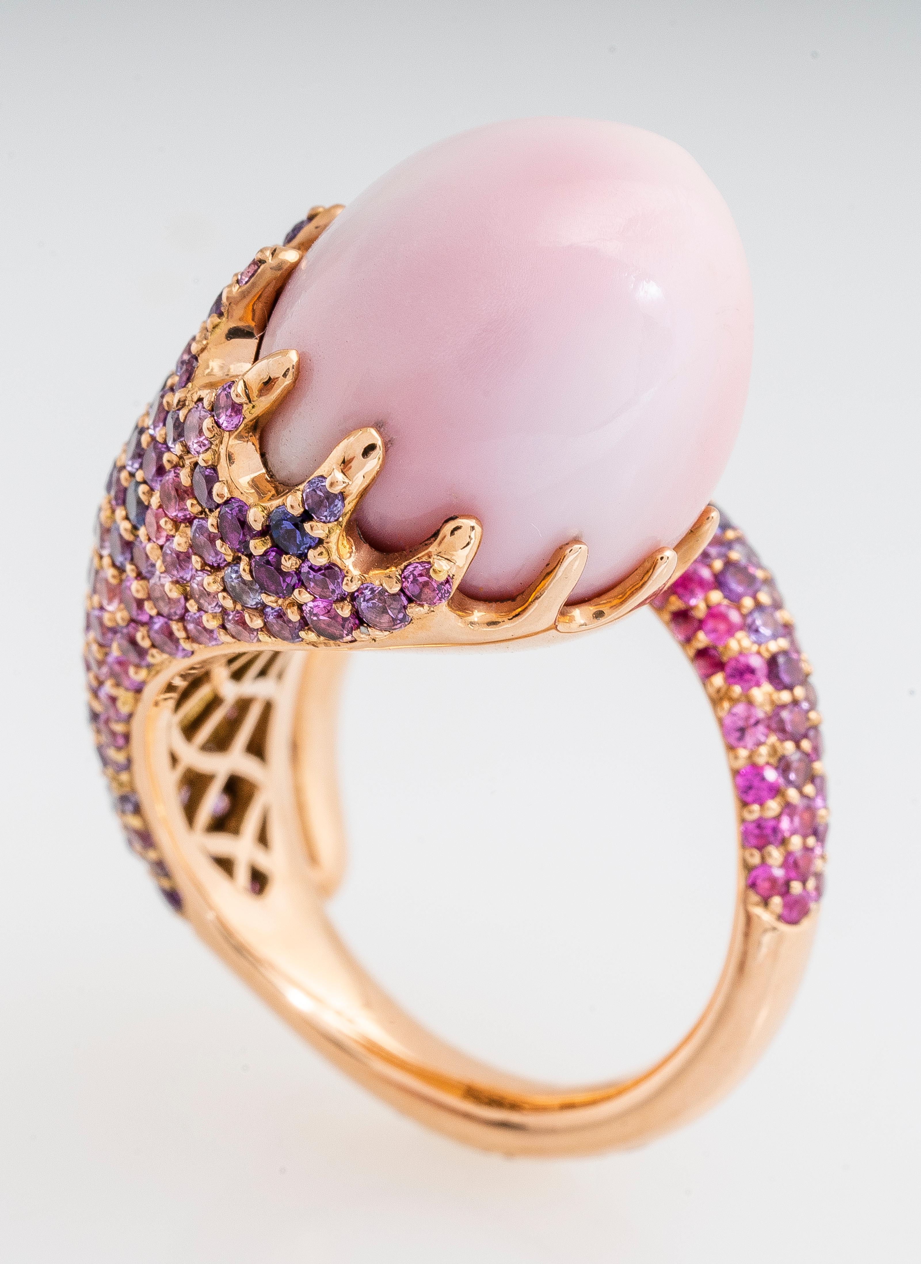 Round Cut 18 Karat Rose Gold Conch Pearl Purple/Pink Sapphire and Diamond Pave Ring