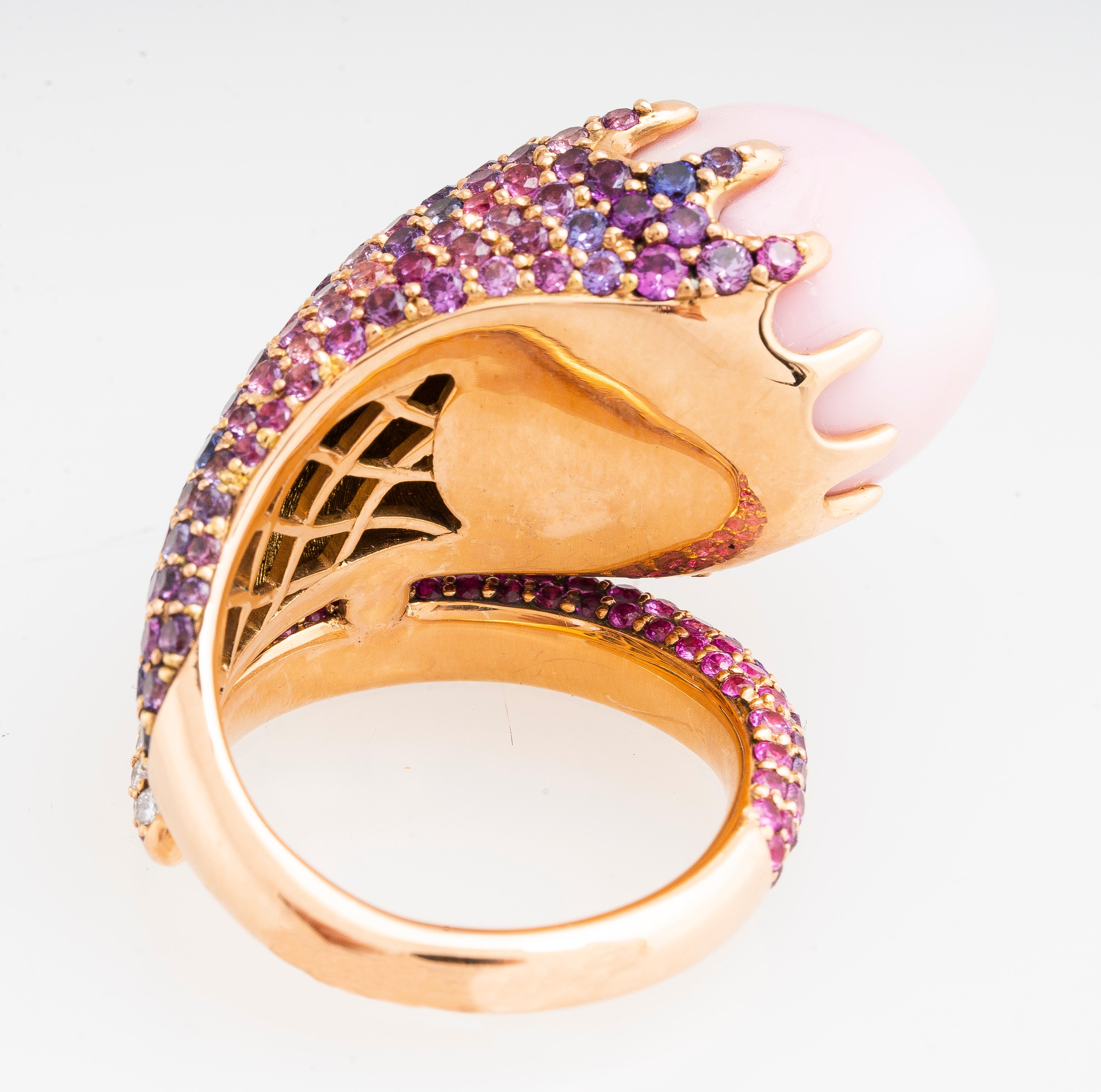 18 Karat Rose Gold Conch Pearl Purple/Pink Sapphire and Diamond Pave Ring In Excellent Condition In San Diego, CA