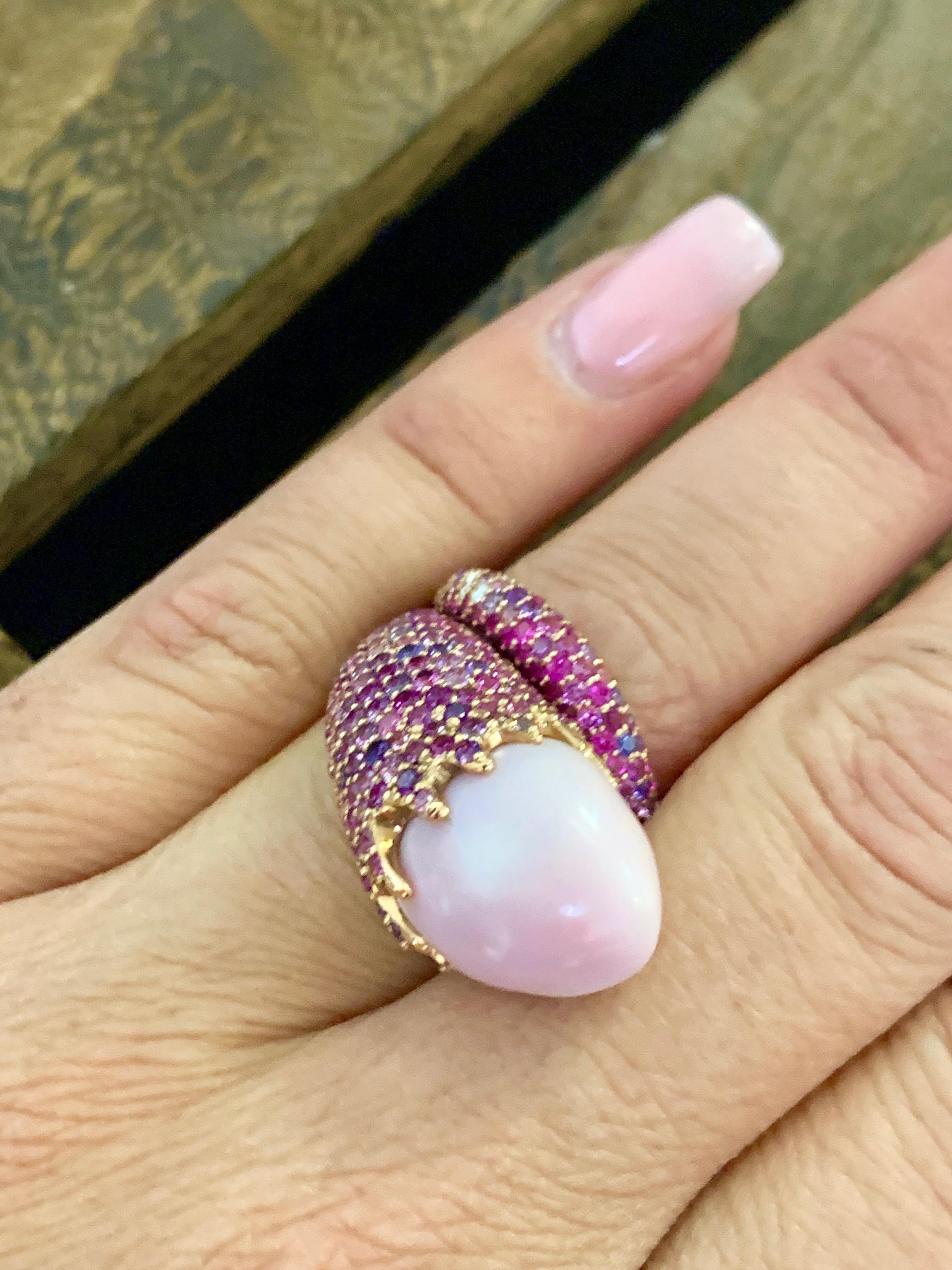 Women's or Men's 18 Karat Rose Gold Conch Pearl Purple/Pink Sapphire and Diamond Pave Ring