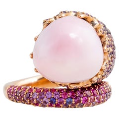 18 Karat Rose Gold Conch Pearl Purple/Pink Sapphire and Diamond Pave Ring