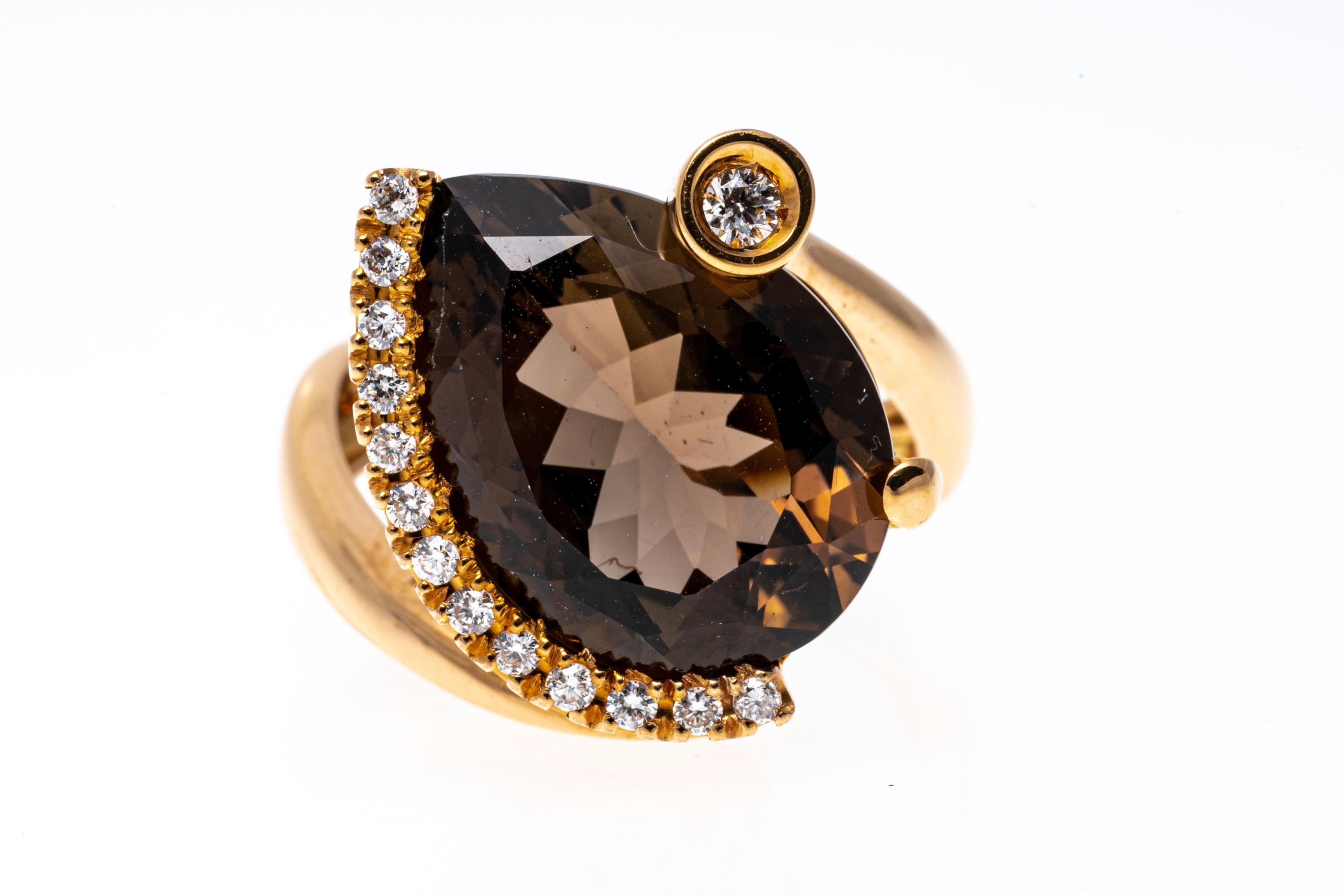 Pear Cut 18k Rose Gold Contemporary Chocolate Brown Smoky Quartz and Diamond Ring For Sale