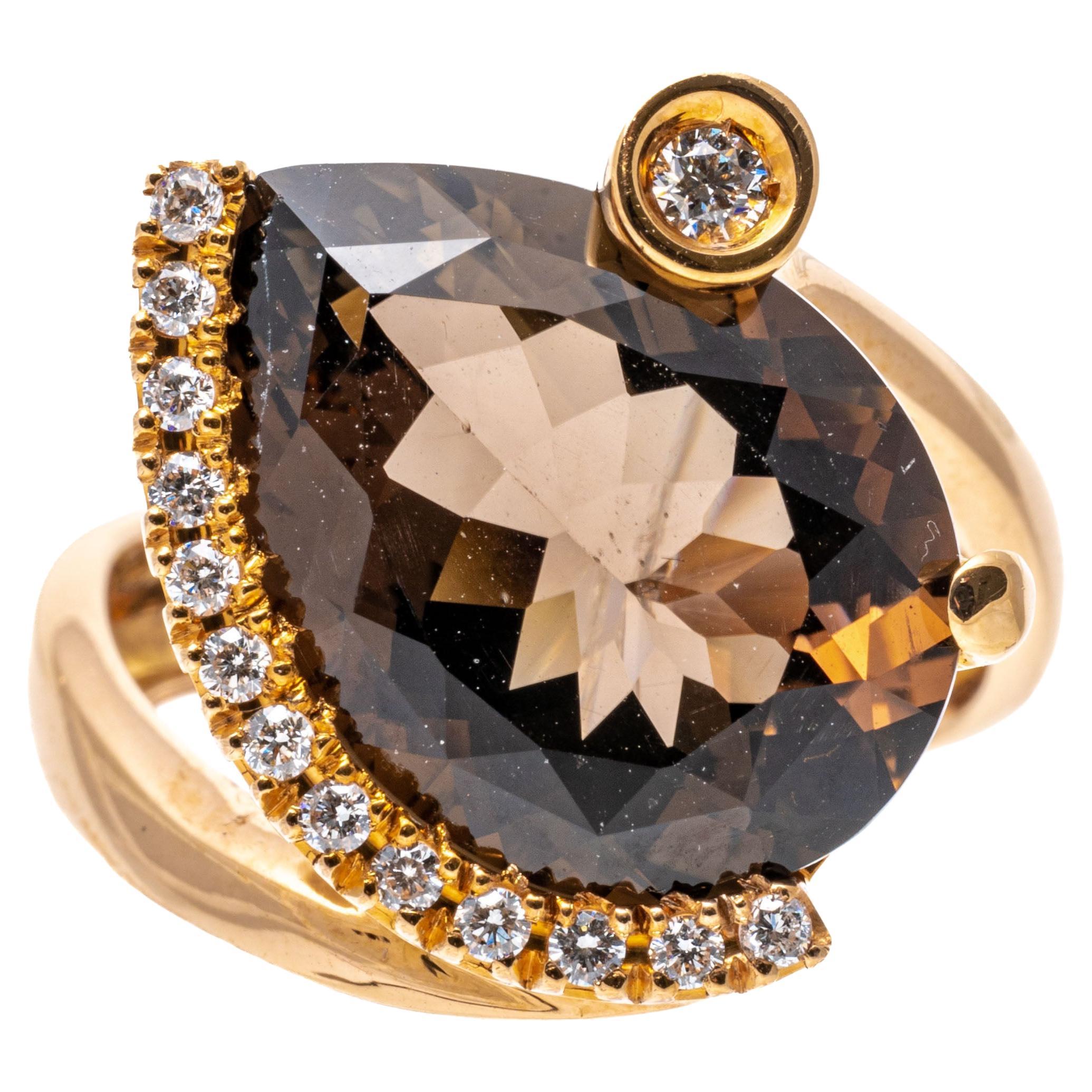 18k Rose Gold Contemporary Chocolate Brown Smoky Quartz and Diamond Ring