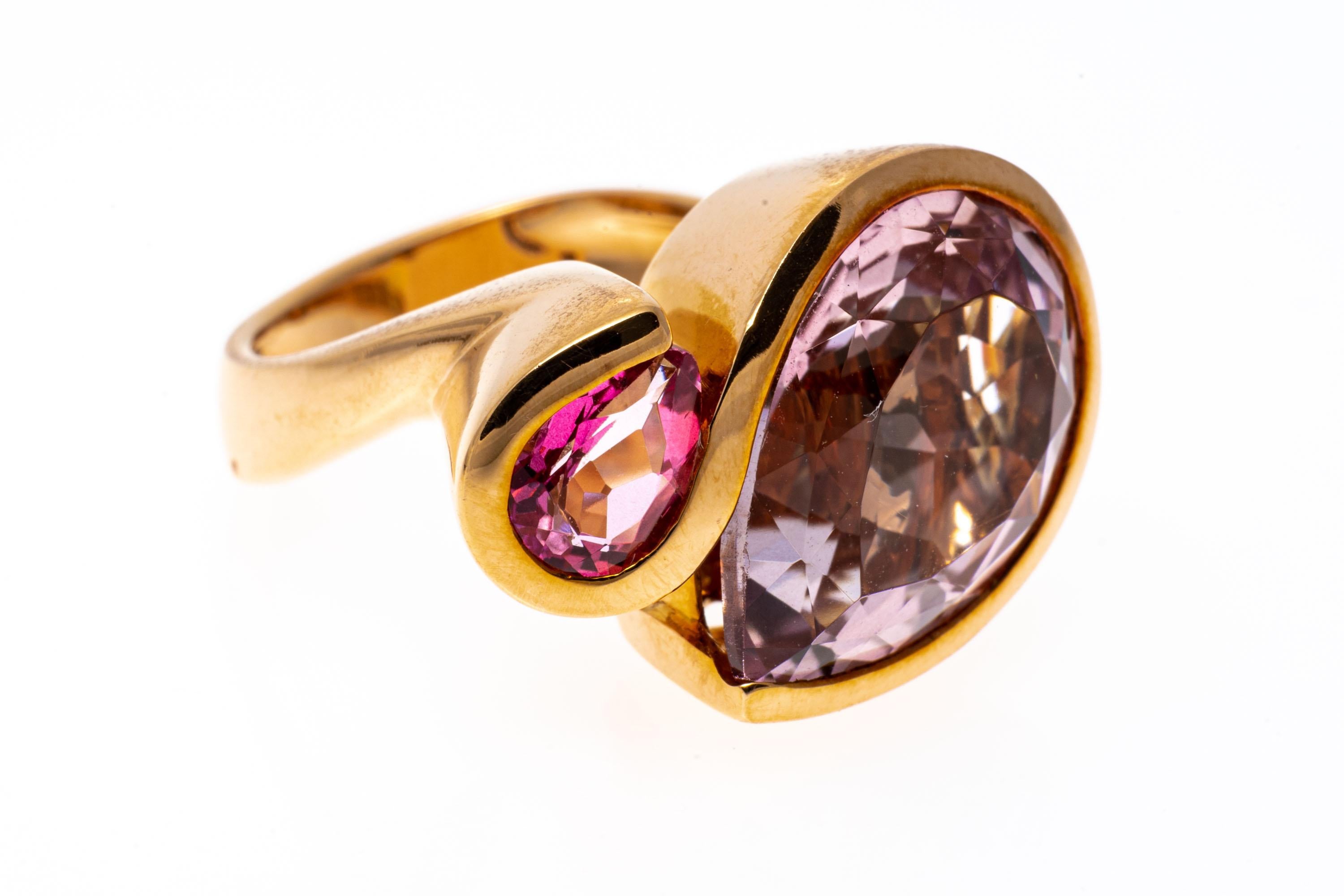 Pear Cut 18k Rose Gold Contemporary Pear Pink Tourmaline Offset Bypass Ring For Sale
