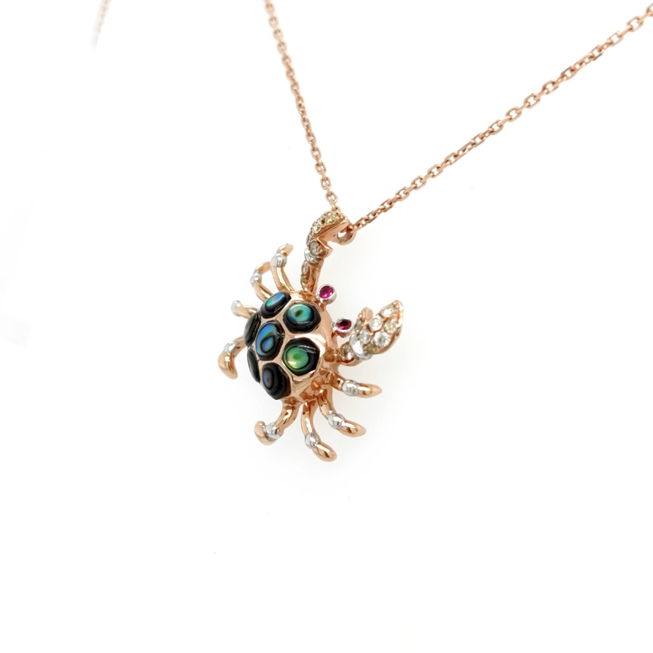 18K Rose Gold Crab Diamond Anhänger Halskette mit Rubinen
Länge: 16,5
