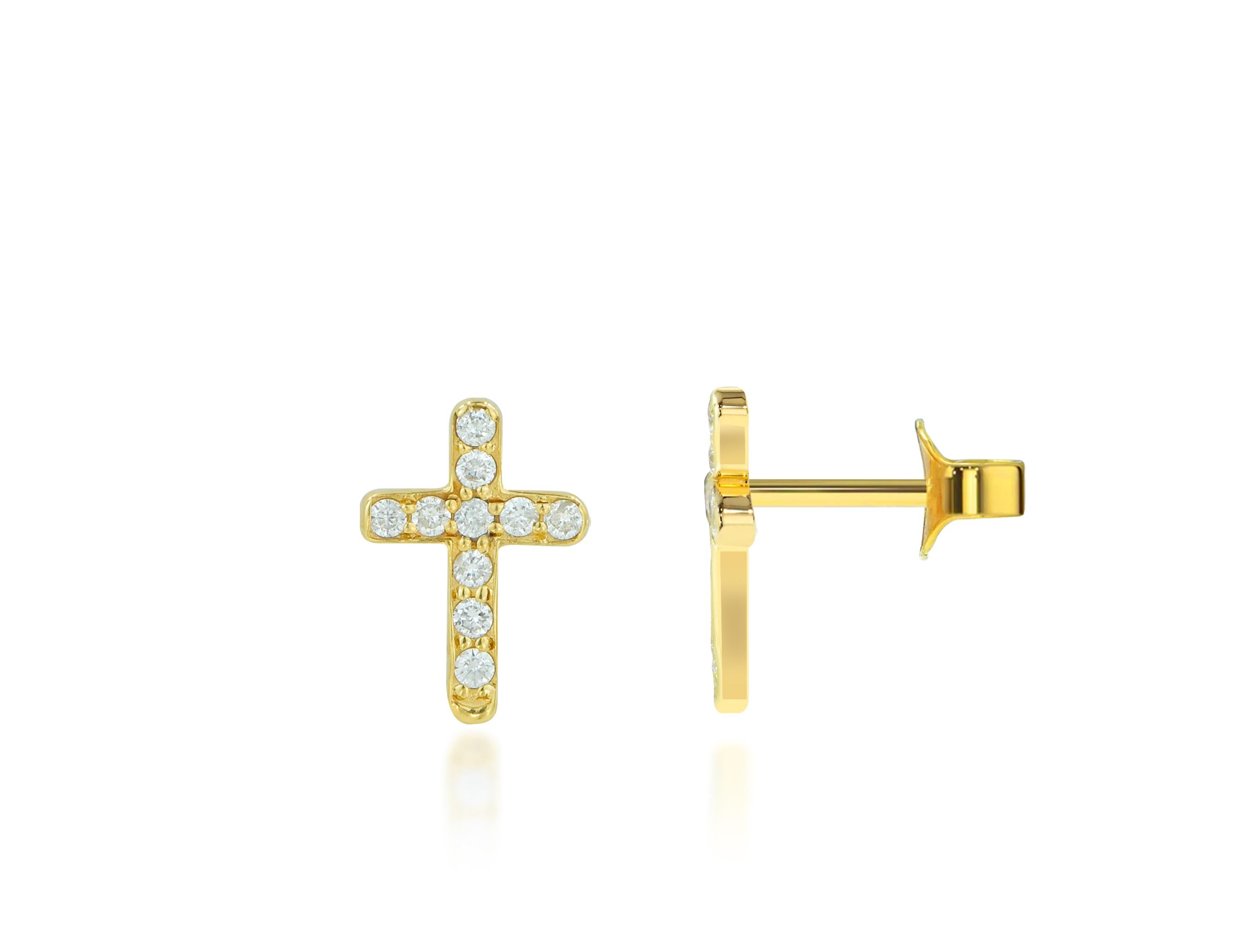 Round Cut 18k Gold Cross Stud Diamonds Cross Stud Earrings Religious Diamond Earrings For Sale