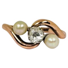 Vintage 18k Rose Gold Crossover Ring with Natural Rose-Cut Diamond Saltwater Pearls