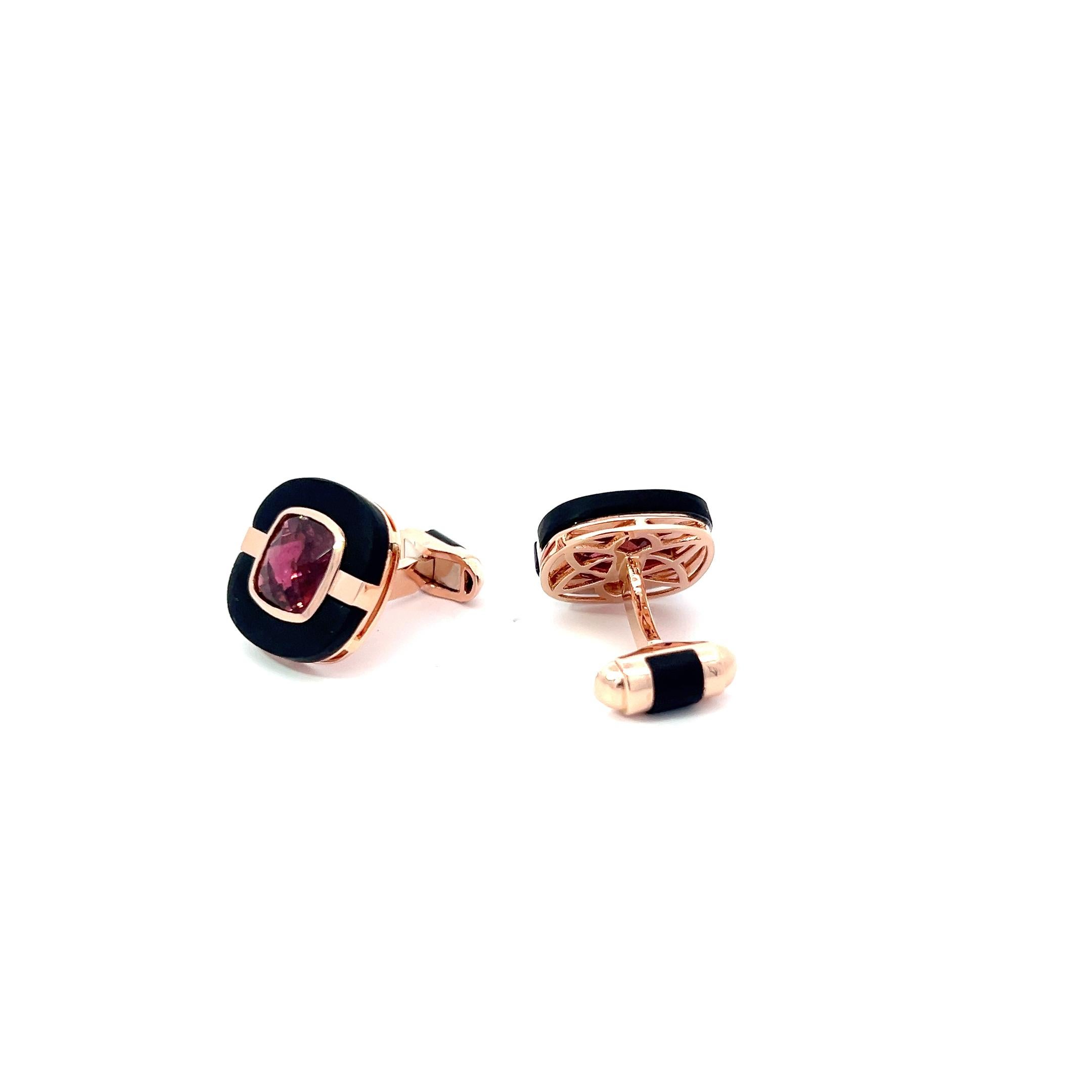 Mixed Cut 18k Rose Gold Cufflinks with Rubylite and Hand-Cut Black Onyx For Sale