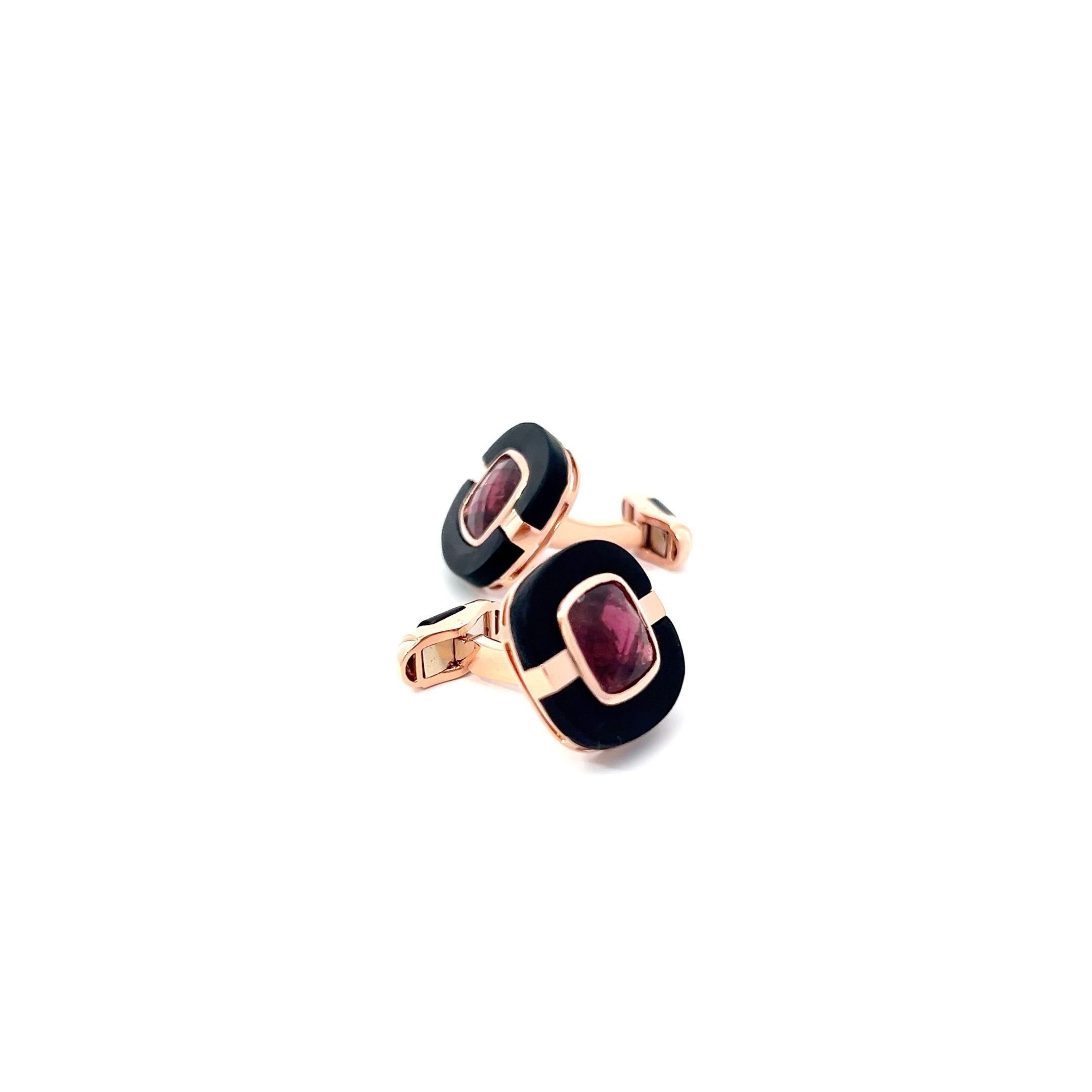 18k Rose Gold Cufflinks with Rubylite and Hand-Cut Black Onyx In New Condition For Sale In New York, NY