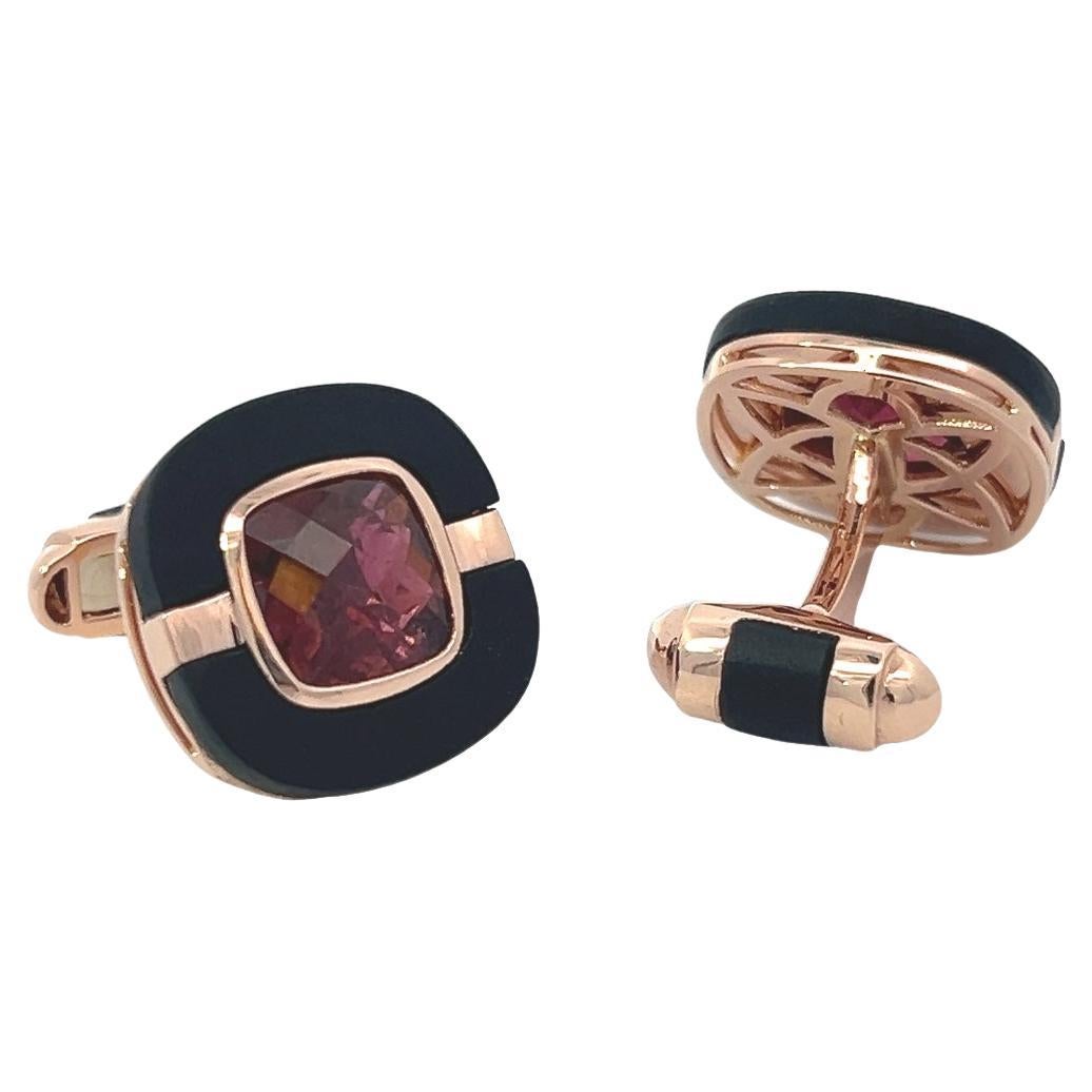 18k Rose Gold Cufflinks with Rubylite and Hand-Cut Black Onyx For Sale