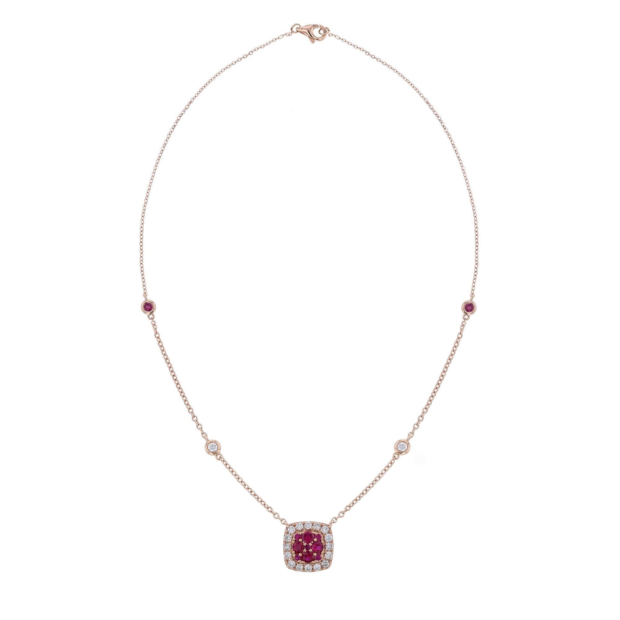Contemporary 18K Rose Gold Cushion Shape Ruby Diamond Necklace For Sale