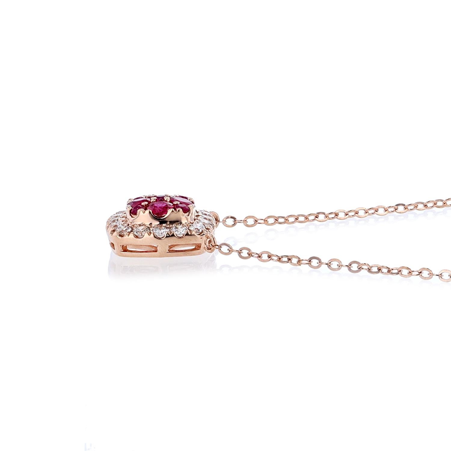 Round Cut 18K Rose Gold Cushion Shape Ruby Diamond Necklace For Sale
