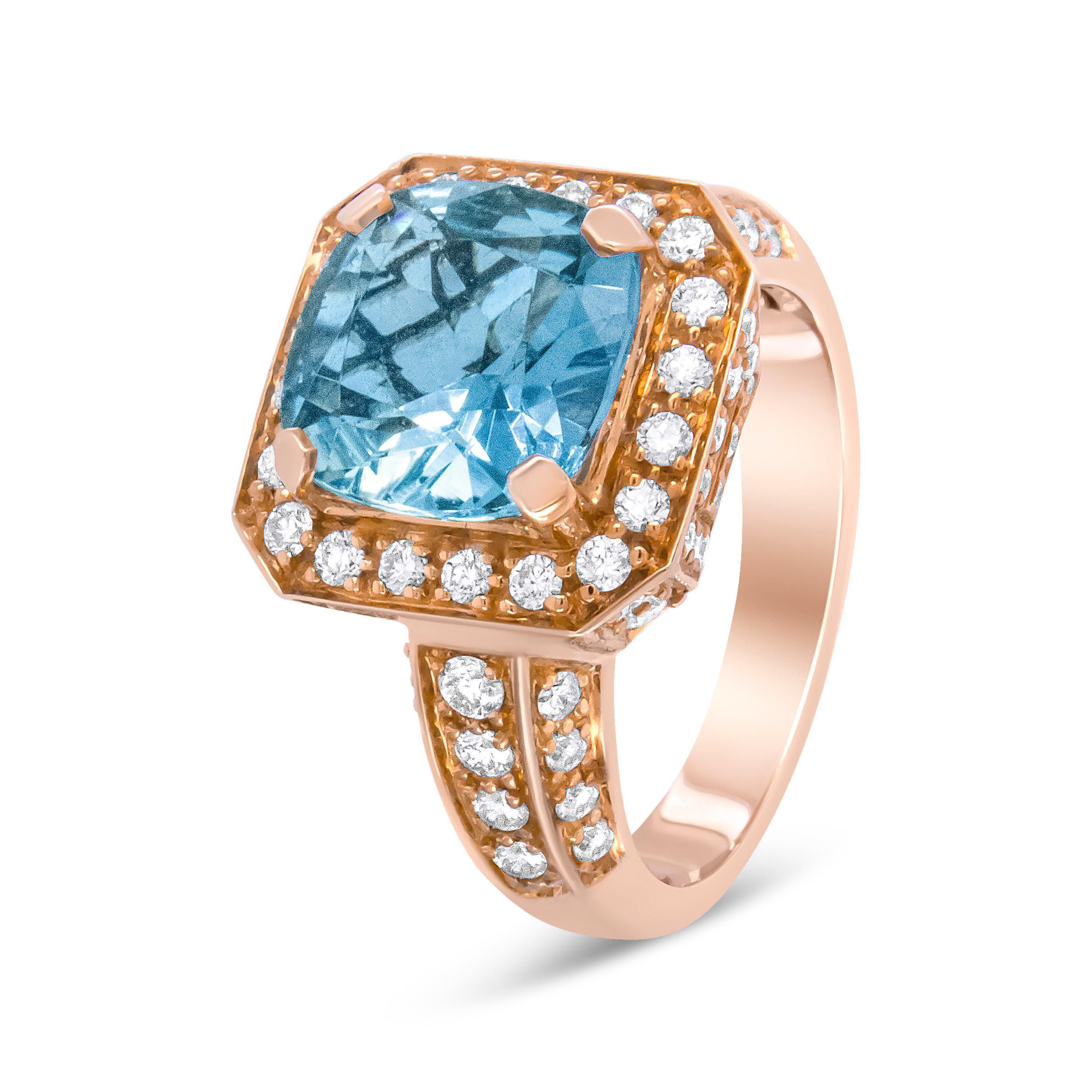 Contemporary 18K Rose Gold Cushion Shaped Aquamarine and 1 1/8 Carat Round Diamond Halo Ring For Sale