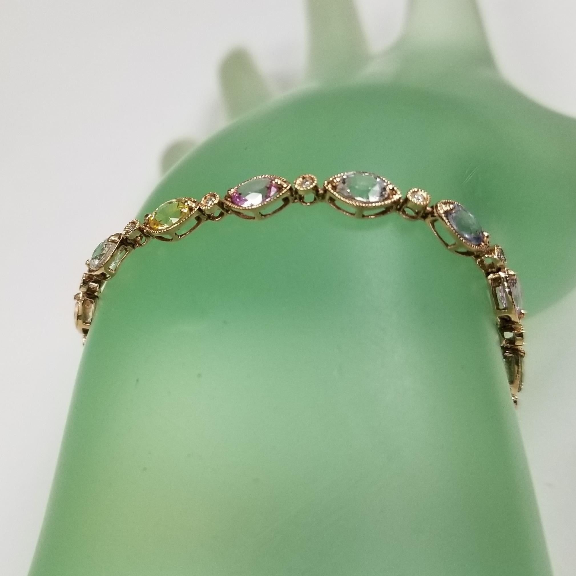 18 Karat Gold Custom Made Bracelet with 18 Multi-Color Sapphires and Diamonds In New Condition For Sale In Los Angeles, CA
