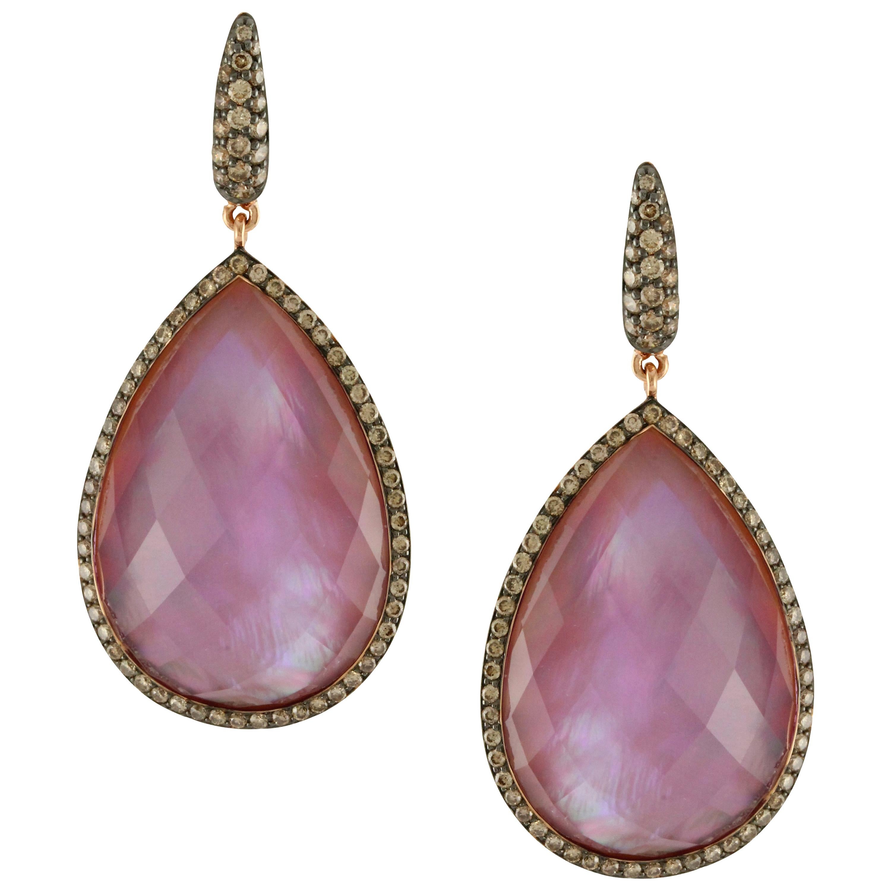 18K Rose Gold Dangle Earrings w/Amethyst, Mother of Pearl 
Champagne Diamonds For Sale