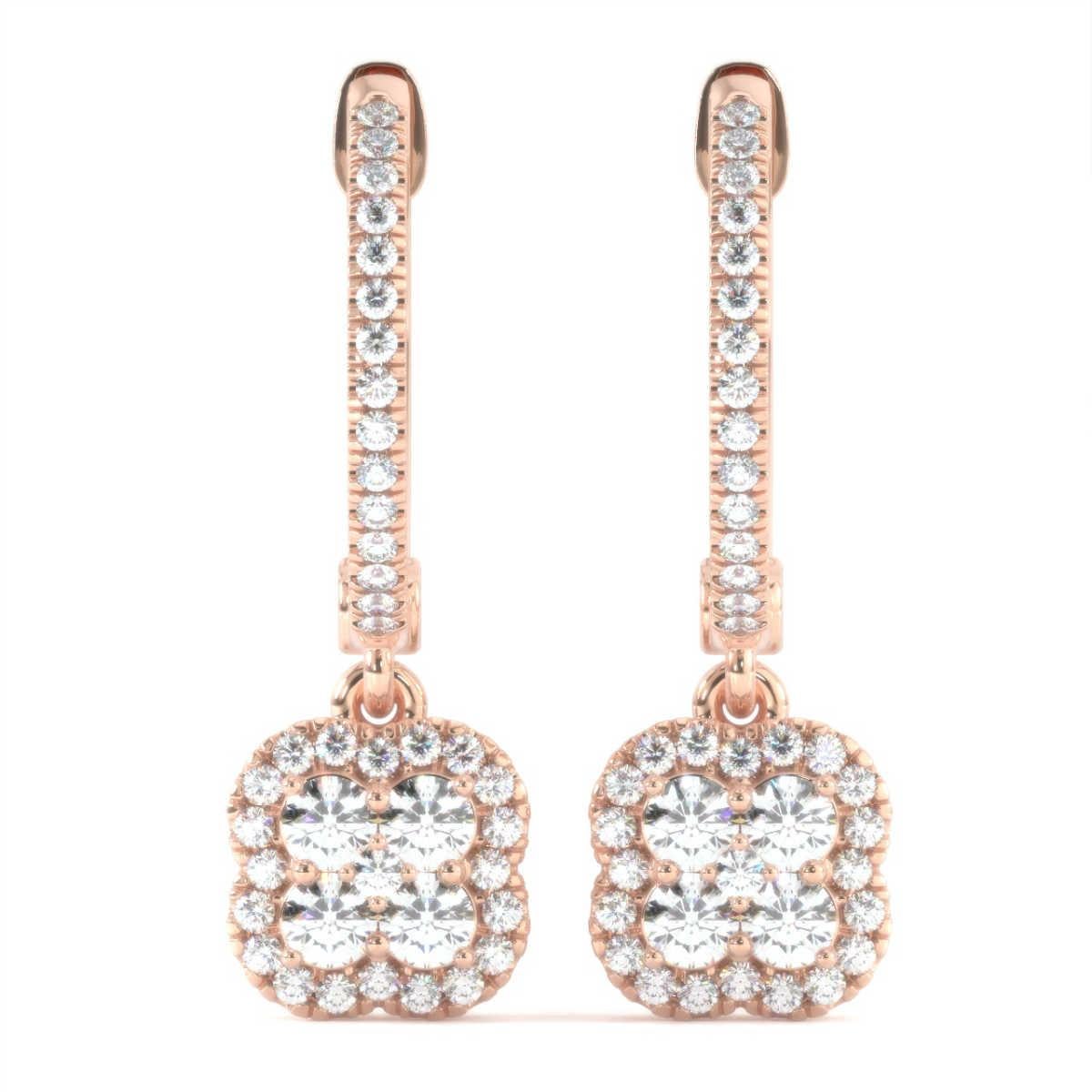 Round Cut 18 Karat Rose Gold Dangling Floral Halo Diamond Earrings '2/3 Carat' For Sale