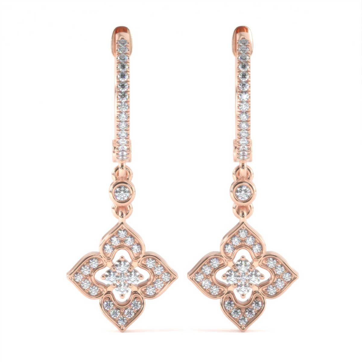 Round Cut 18 Karat Rose Gold Dangling Halo Diamond Earrings '2/5 Carat' For Sale