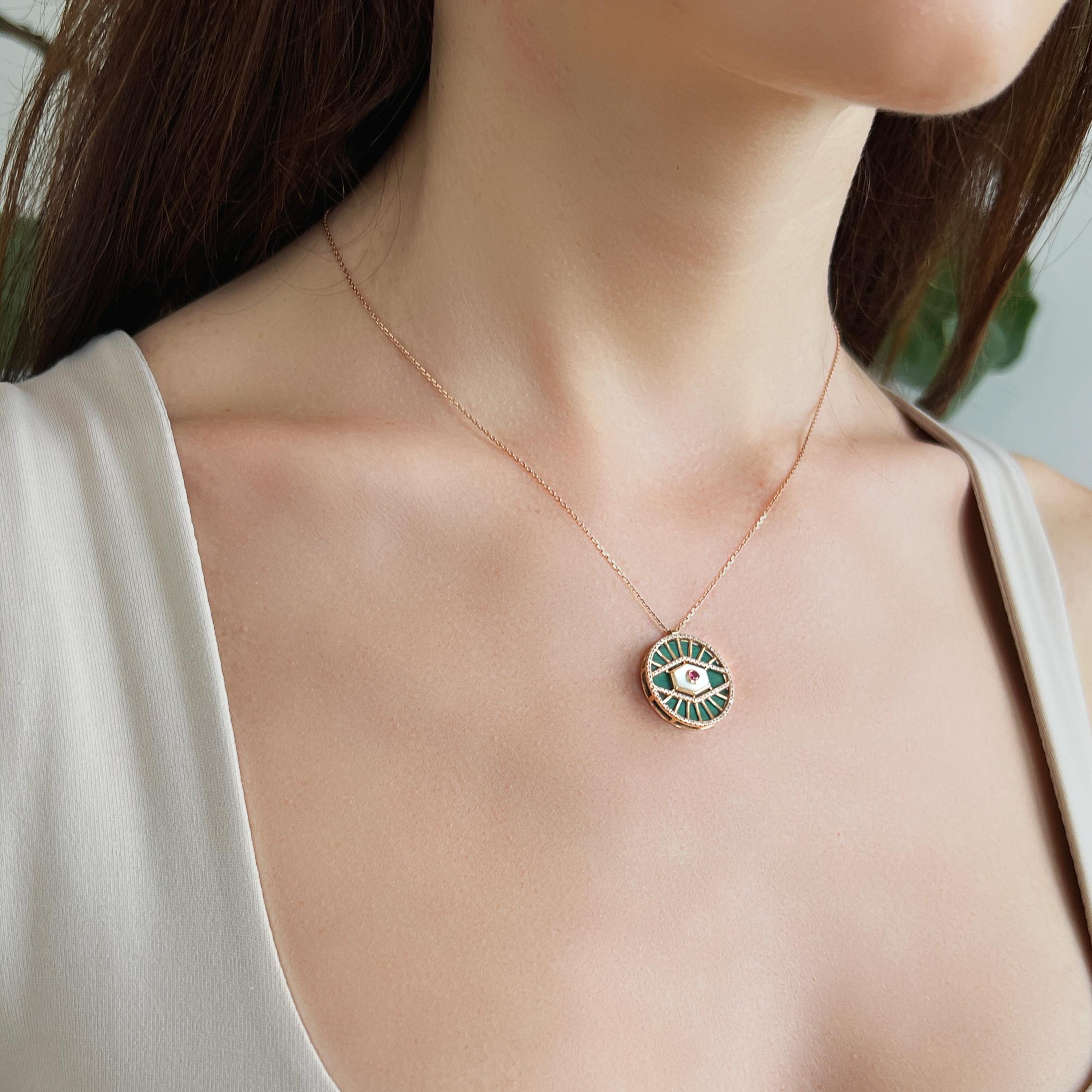 18K Rose Gold Evil Eye Diamond Pendant Necklace with Malachite
Length: 16.5
