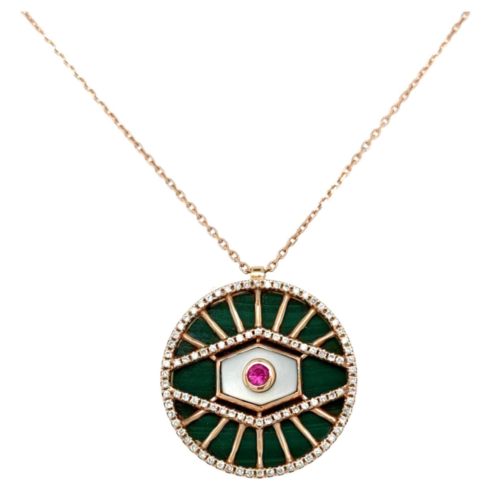 18 Karat Roségold Halskette mit Malachit-Anhänger, dunkelgrüner Evil Eye Diamant-Anhänger