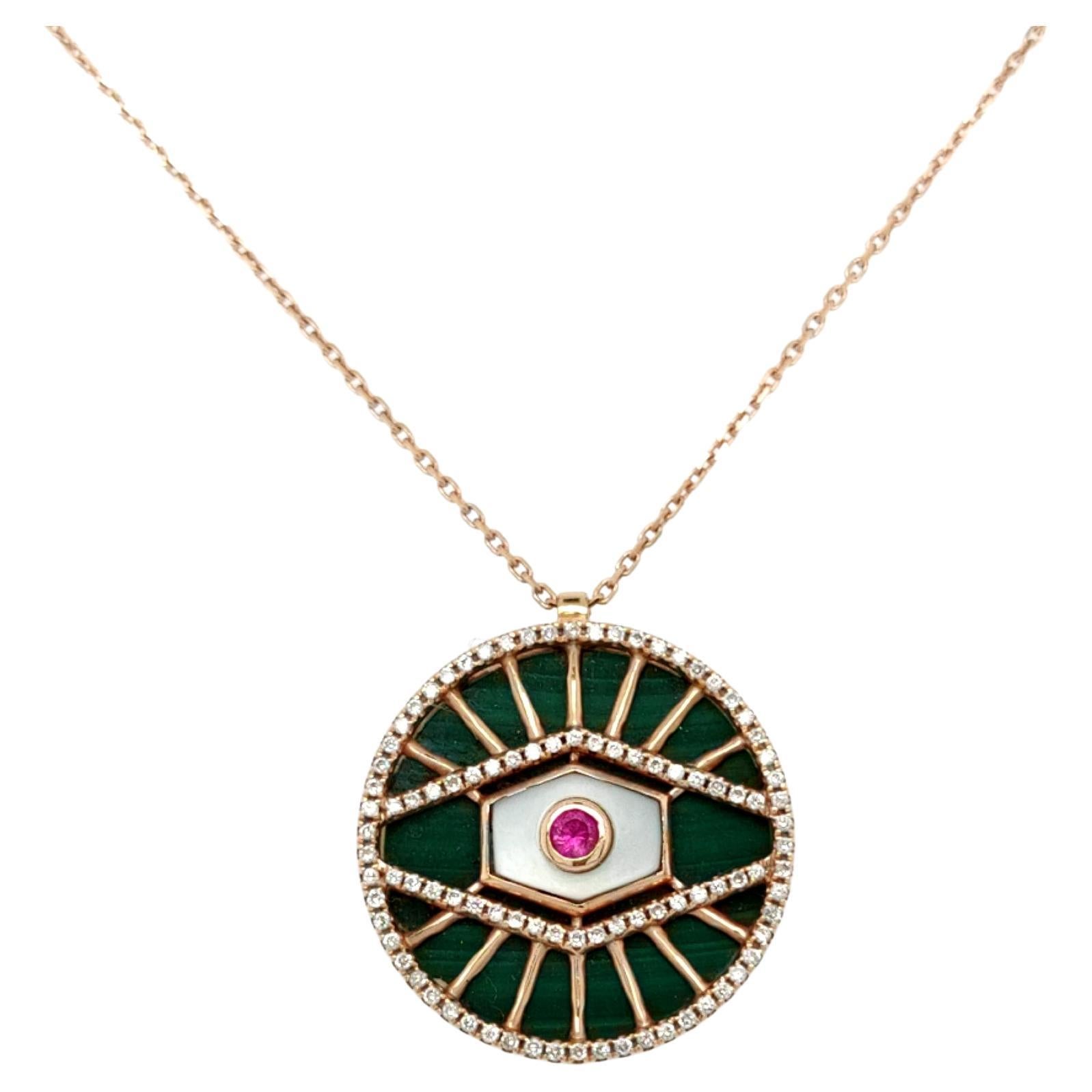 18K Rose Gold Dark Green Evil Eye Diamond Pendant Necklace with Malachite For Sale