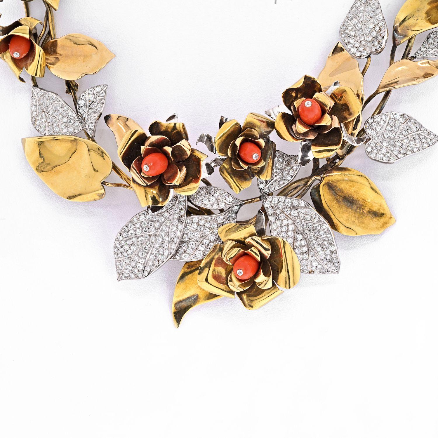 This large necklace is decorated with diamond and high polished rose gold leaves, and features natural coral accents all throughout. Your dress can be made more elegant with this necklace reminiscent of the ornate jewelry of the 1930s. This