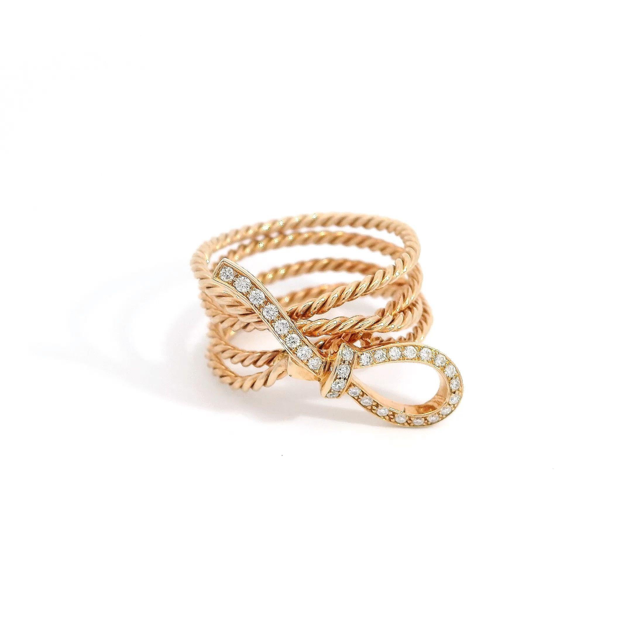 Round Cut 18K Rose Gold Delicate Twisted Rope and Diamond Ribbon Ring For Sale