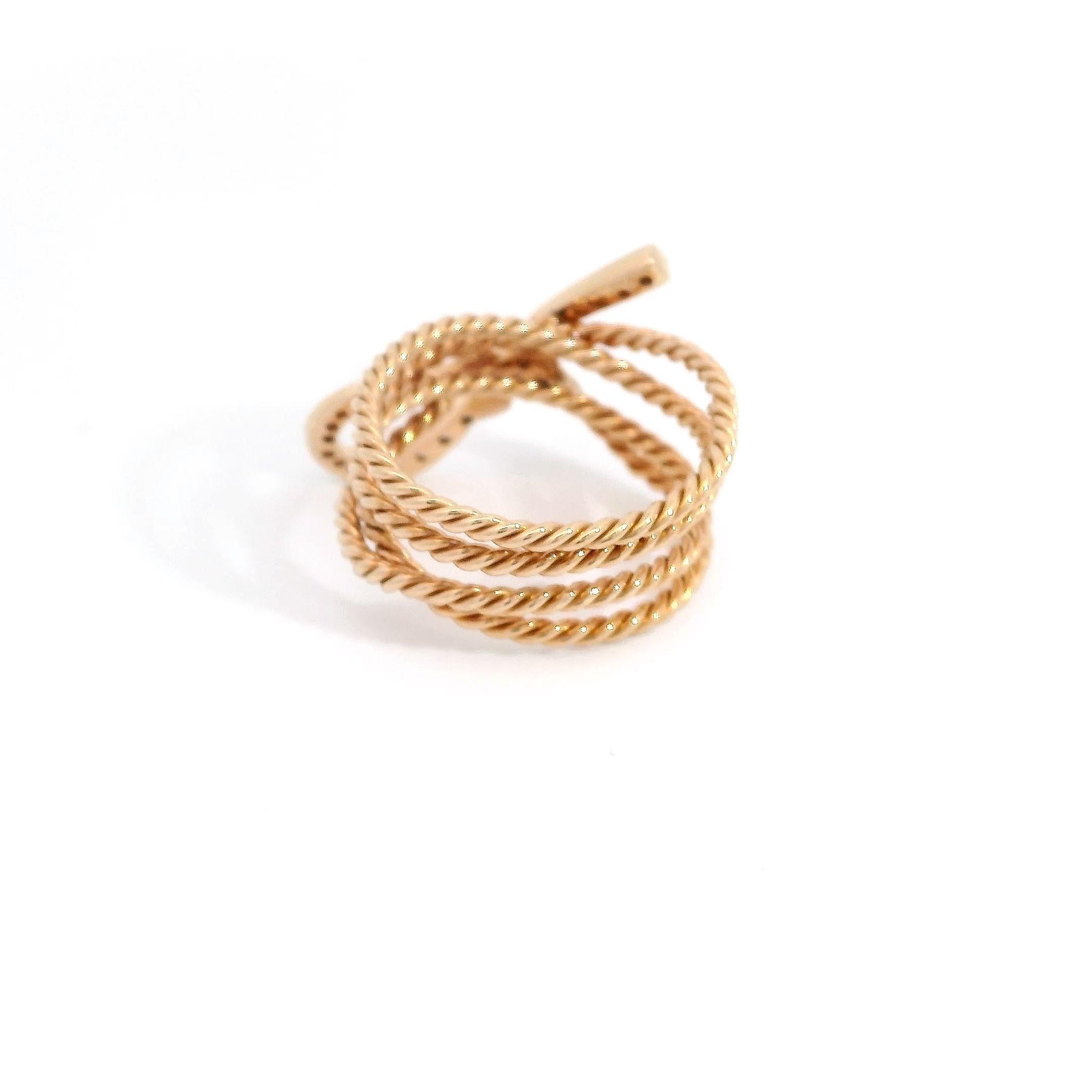 Women's 18K Rose Gold Delicate Twisted Rope and Diamond Ribbon Ring For Sale