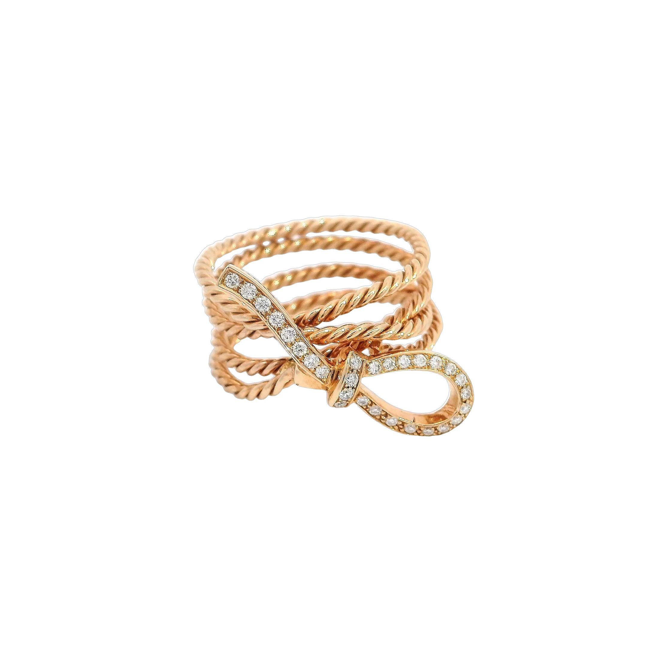 18K Rose Gold Delicate Twisted Rope and Diamond Ribbon Ring For Sale 1
