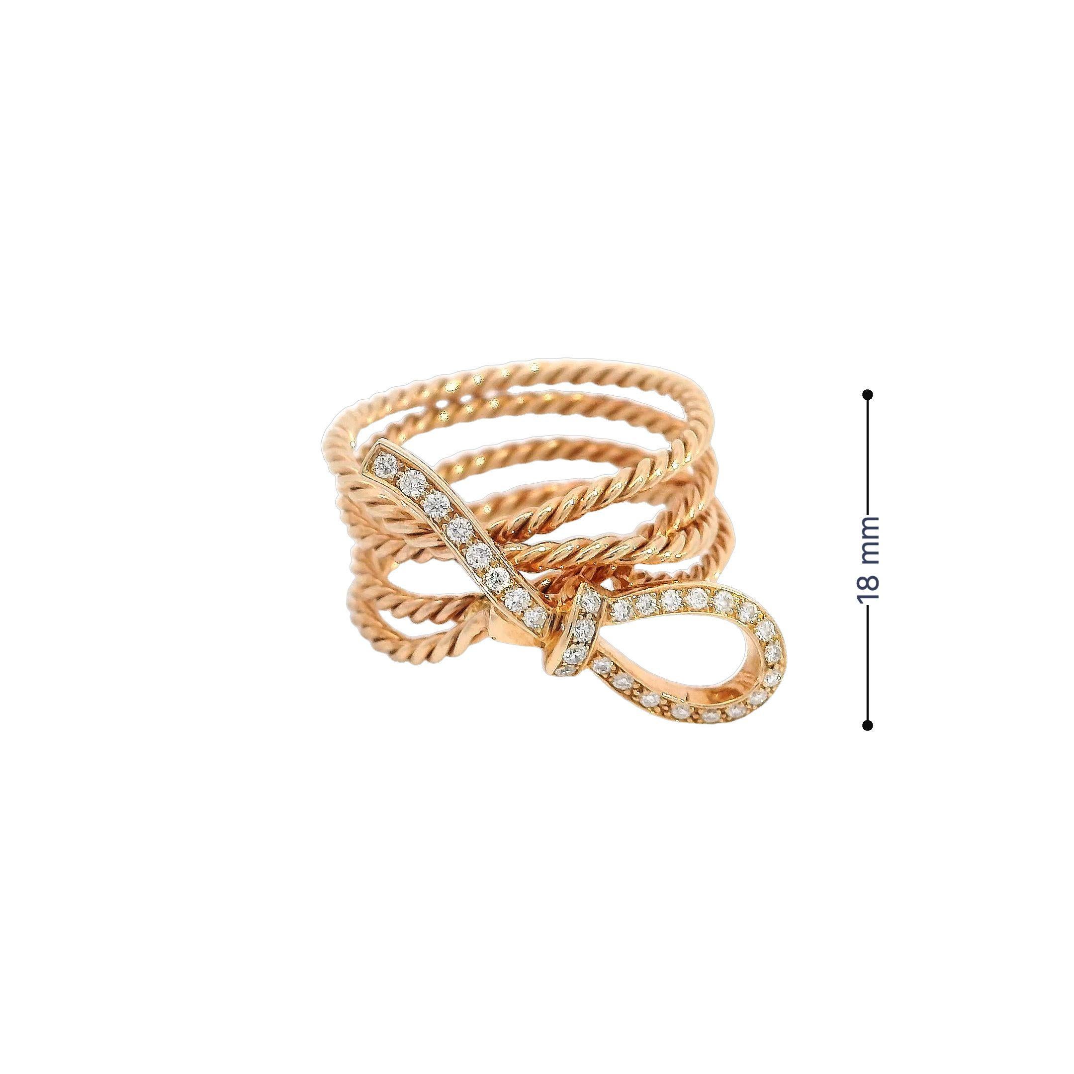 18K Rose Gold Delicate Twisted Rope and Diamond Ribbon Ring For Sale 2