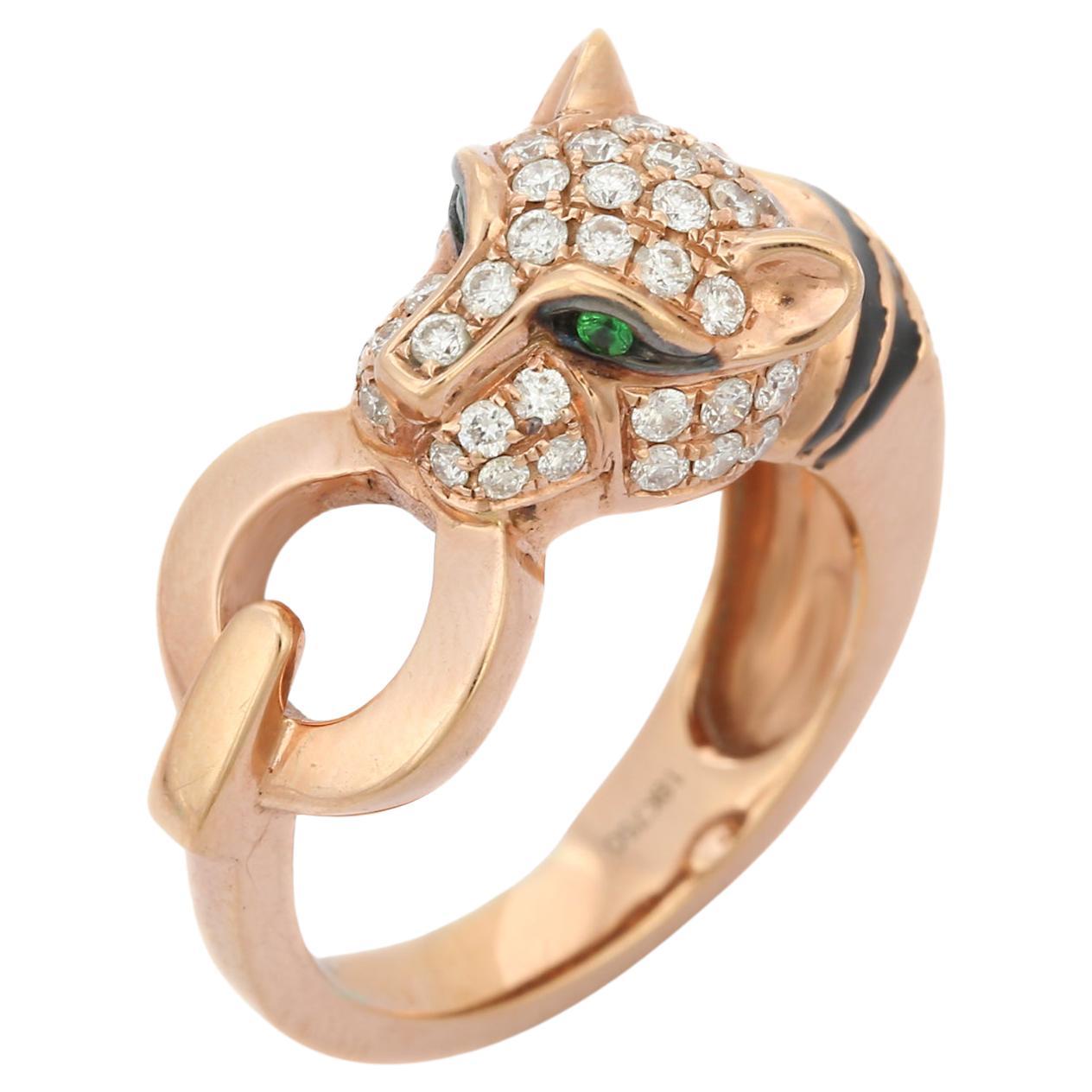 Bague panthère emblématique en or rose 18 carats avec tsavorite et diamant