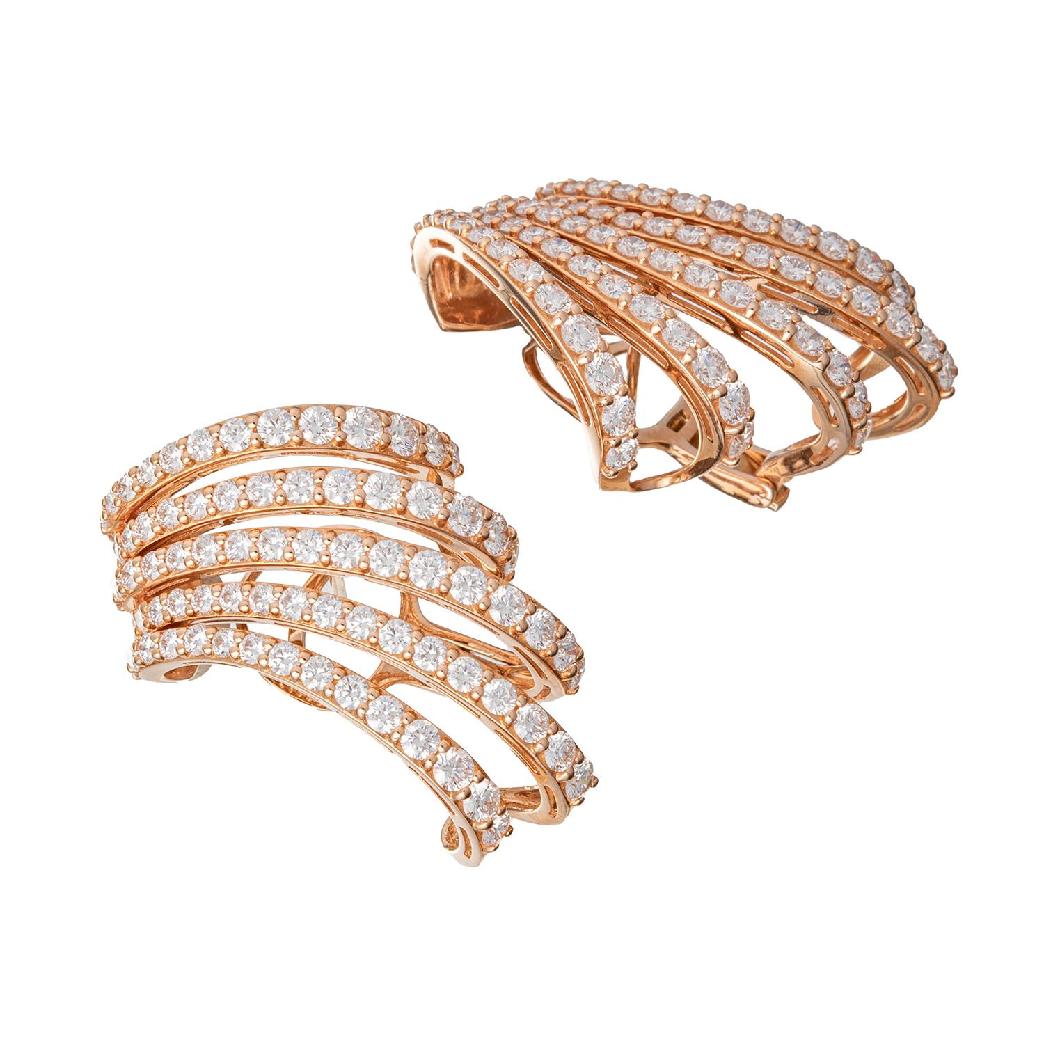 Lobe cuff earrings, featuring five graduating rows of round brilliant-cut diamonds that wrap around the ear lobe. Handmade in polished 18k rose gold.  Diamonds weighing 5.36 total carats.  Clip backs with posts.  Handmade in Italy by Leo Pizzo. 