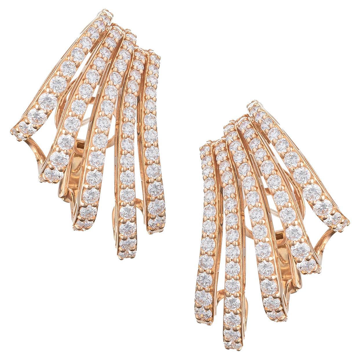 Boucles d'oreilles en or rose 18k à 5 rangs de diamants en vente