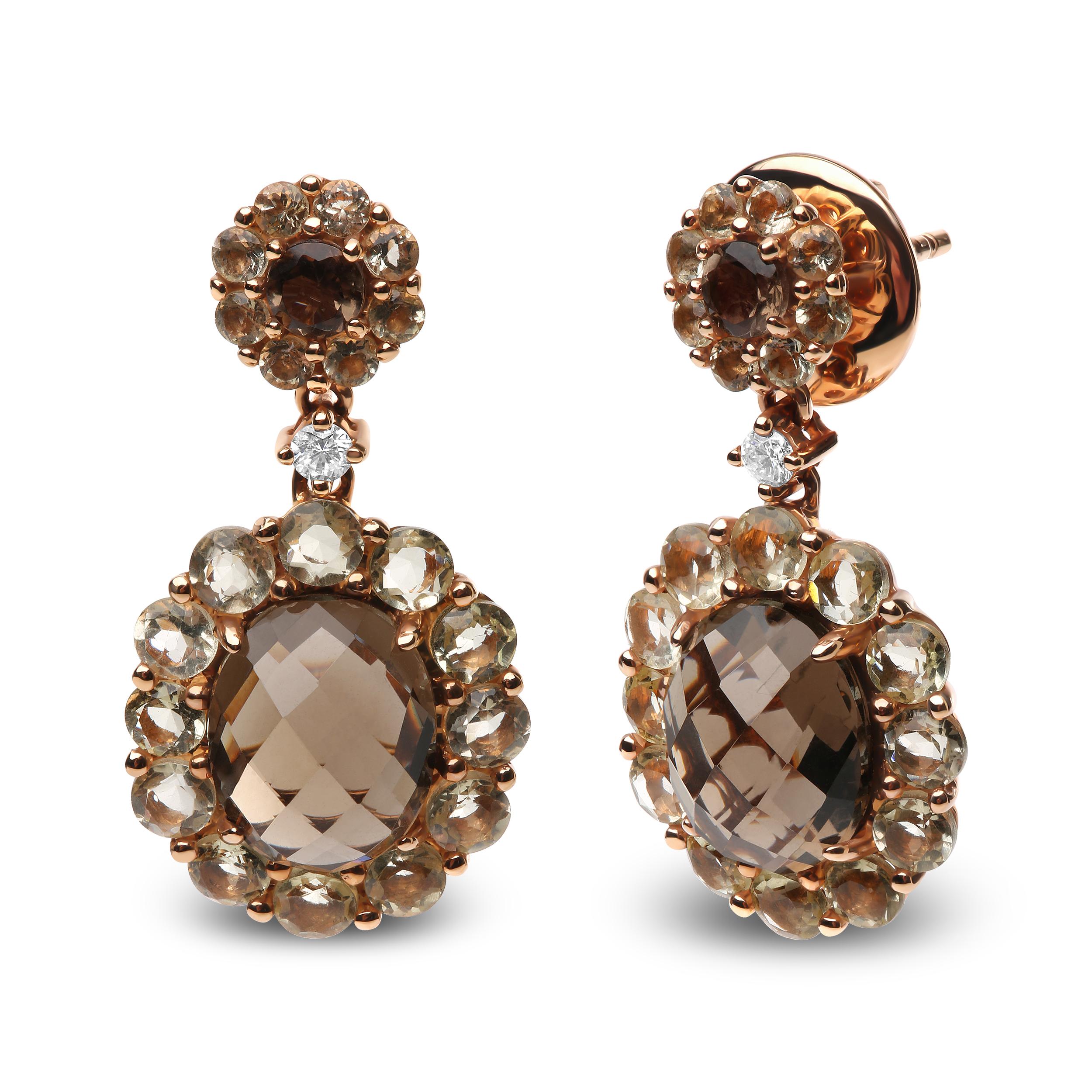 Brilliant colors and stunning sparkle encompass this gorgeous pair of 18k rose gold dangle drop earrings. The upper dangle is set with a central 3mm round heat-treated smoky quartz in a 4-prong setting and is haloed by 2mm round heat-treated lemon