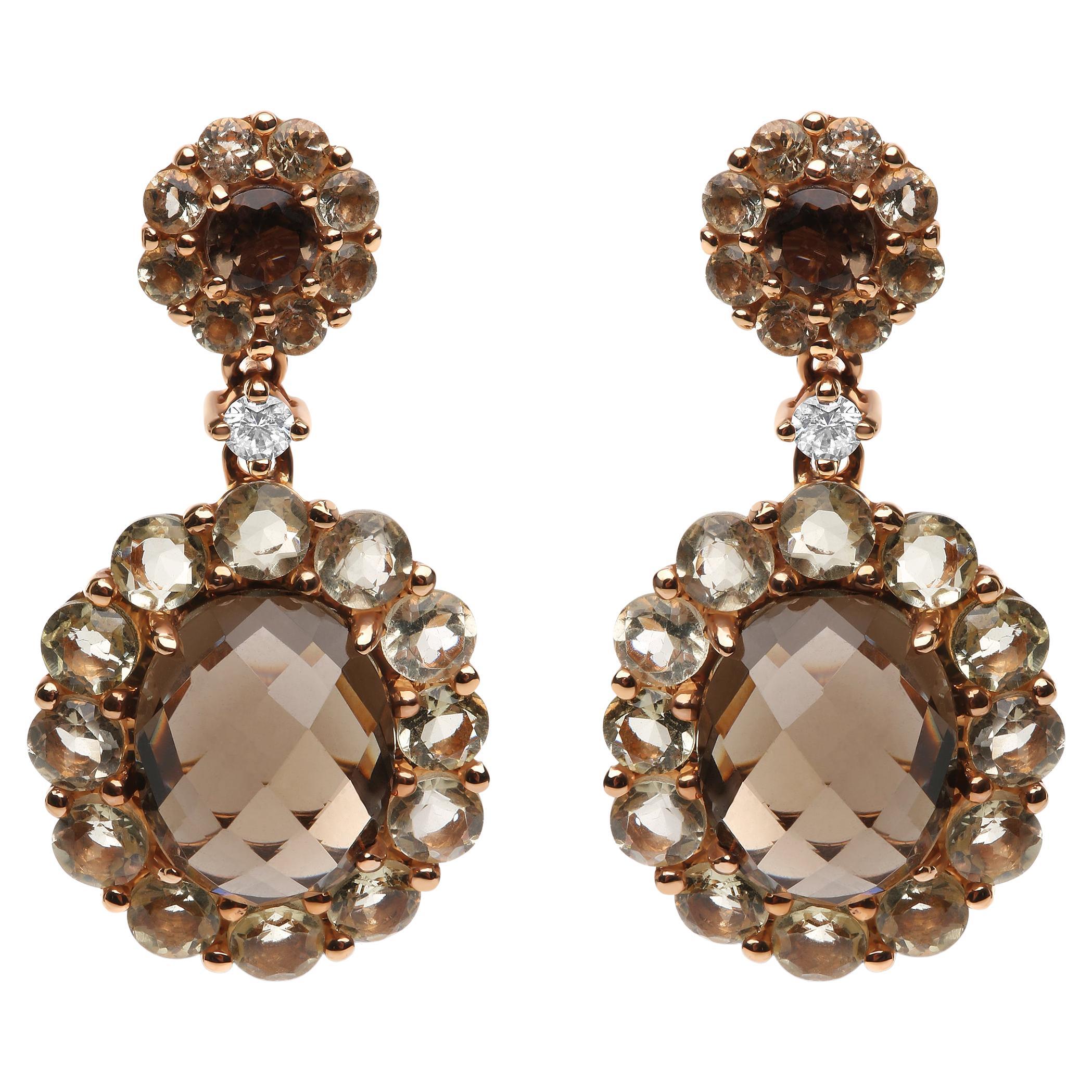 Pendants d'oreilles en or rose 18 carats avec diamants et quartz de couleur citron et fumée