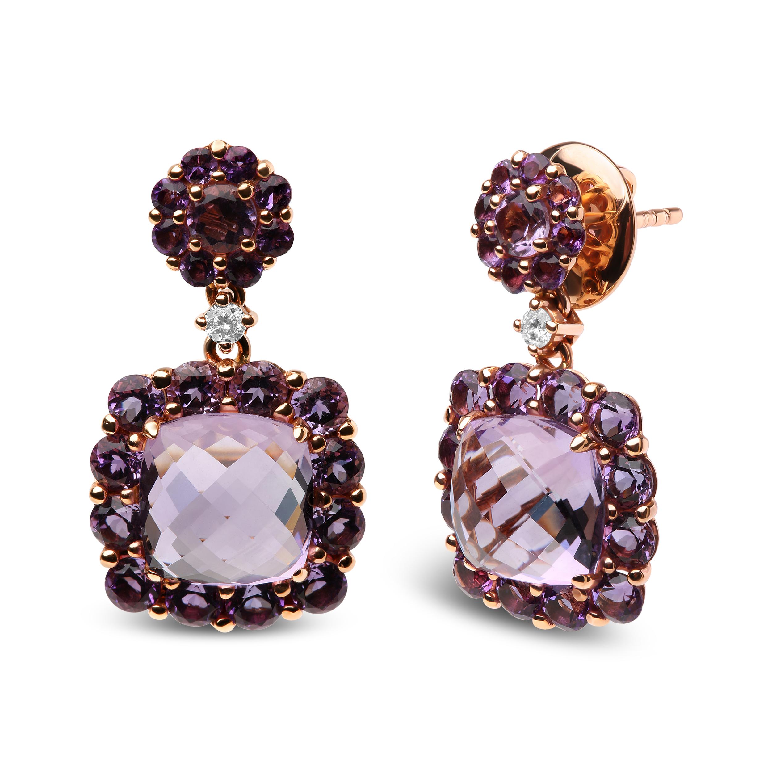 Your adoring audience won't be able to stop from staring at these 18k rose gold dangle drop earrings. The upper dangle takes on a floral silhouette with a natural 3.5mm round heat-treated pink amethyst gemstone in a 4-prong setting haloed by natural