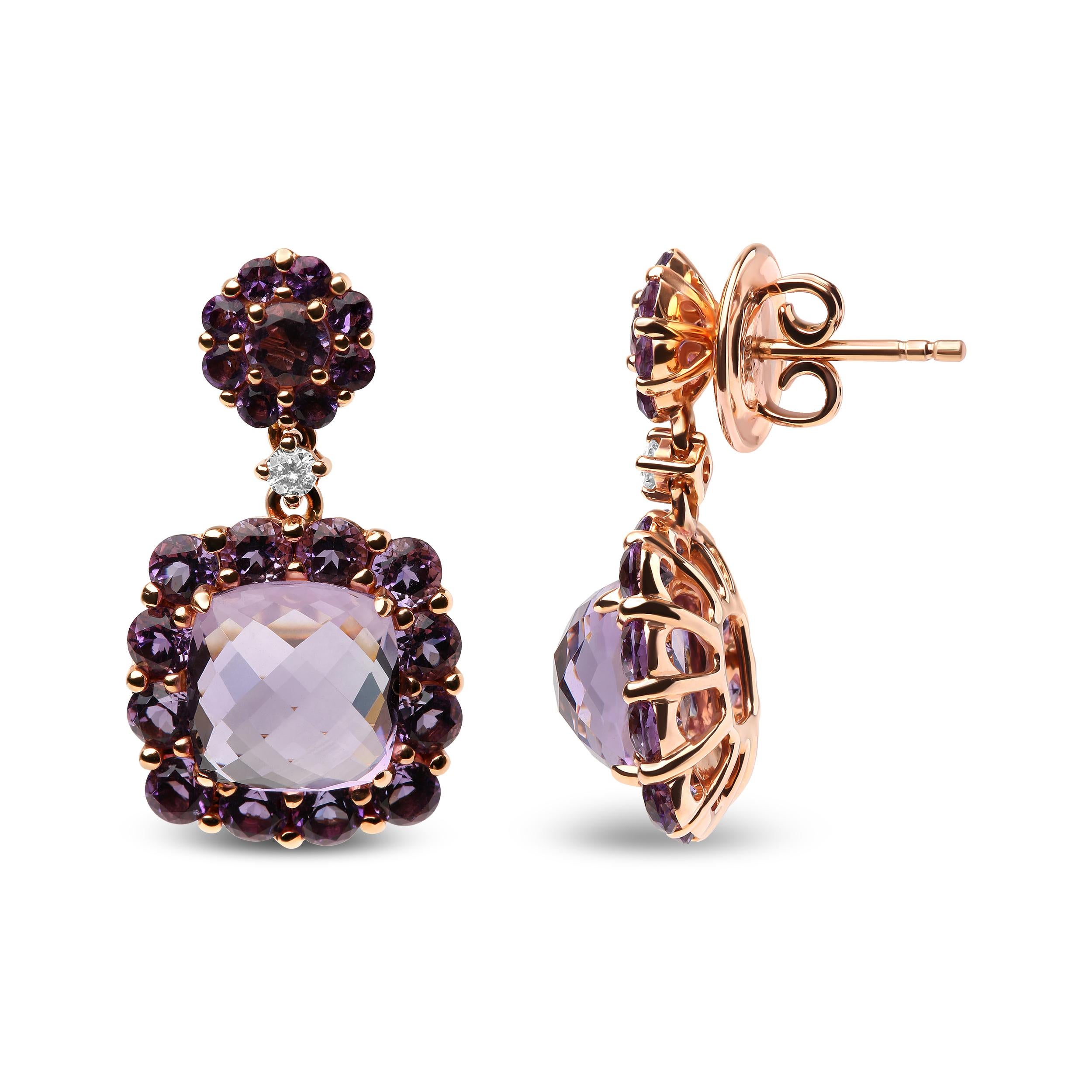 Contemporary 18K Rose Gold Diamond Accent &Pink and Purple Amethyst Gemstone Dangle Earrings For Sale