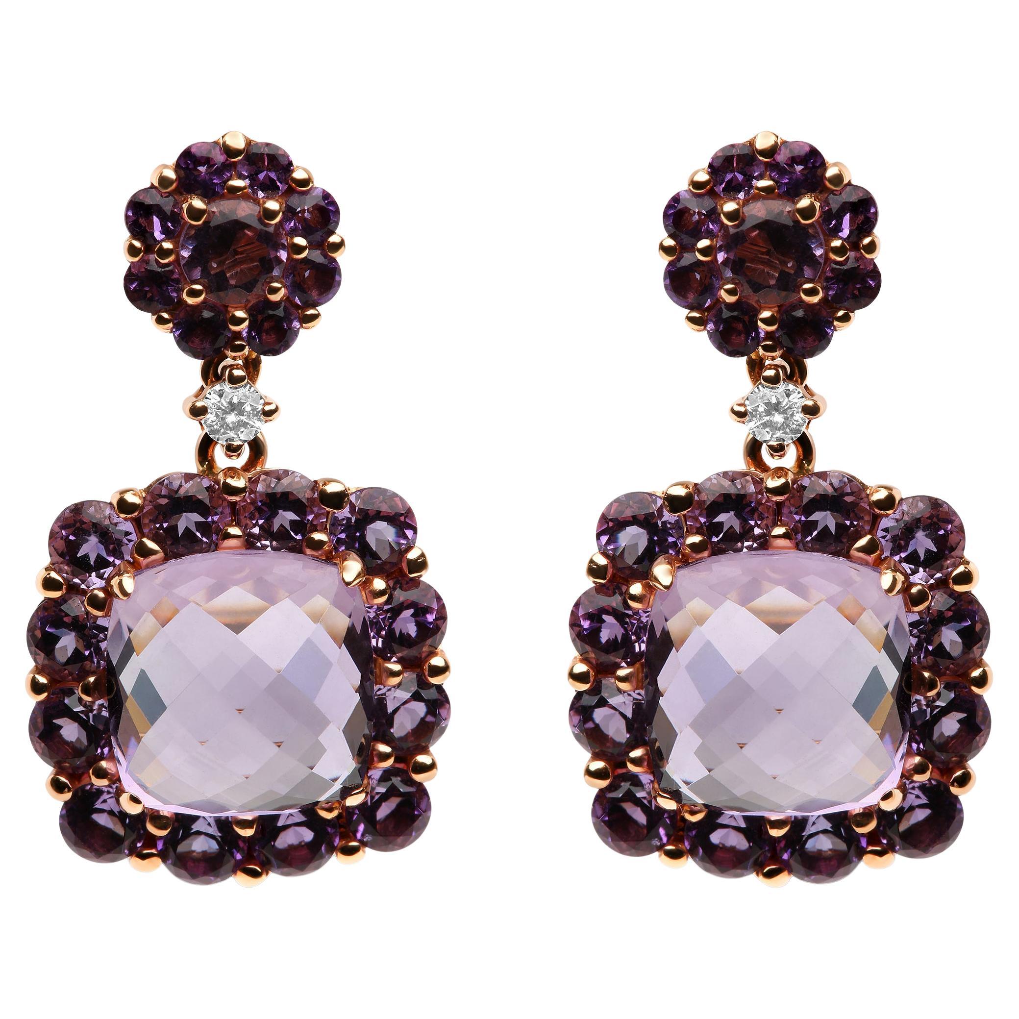 18K Rose Gold Diamond Accent &Pink and Purple Amethyst Gemstone Dangle Earrings For Sale