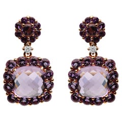 18K Rose Gold Diamond Accent &Pink and Purple Amethyst Gemstone Dangle Earrings