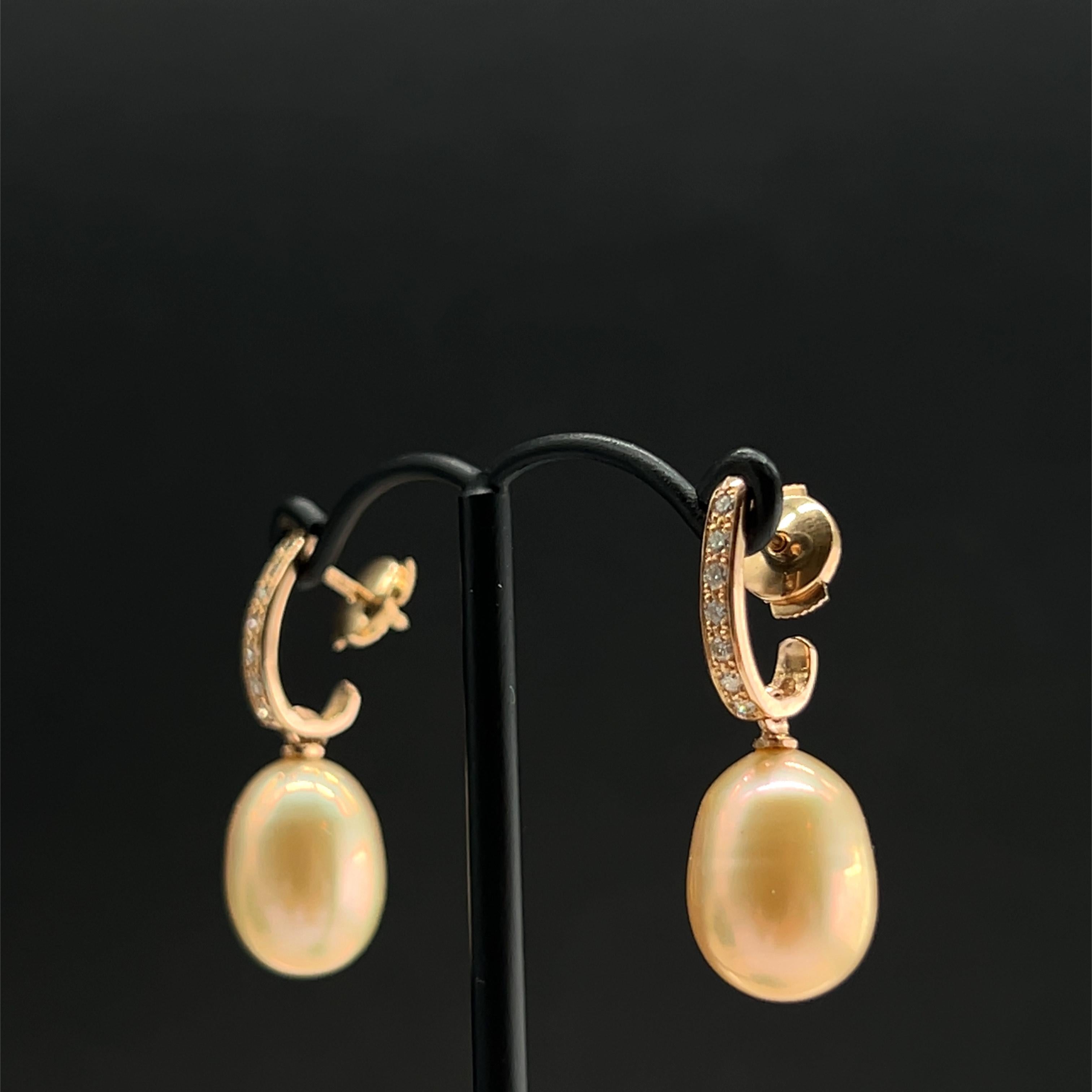 Brilliant Cut 18K Rose Gold Diamond and Baroque Pearl Drop Earrings For Sale