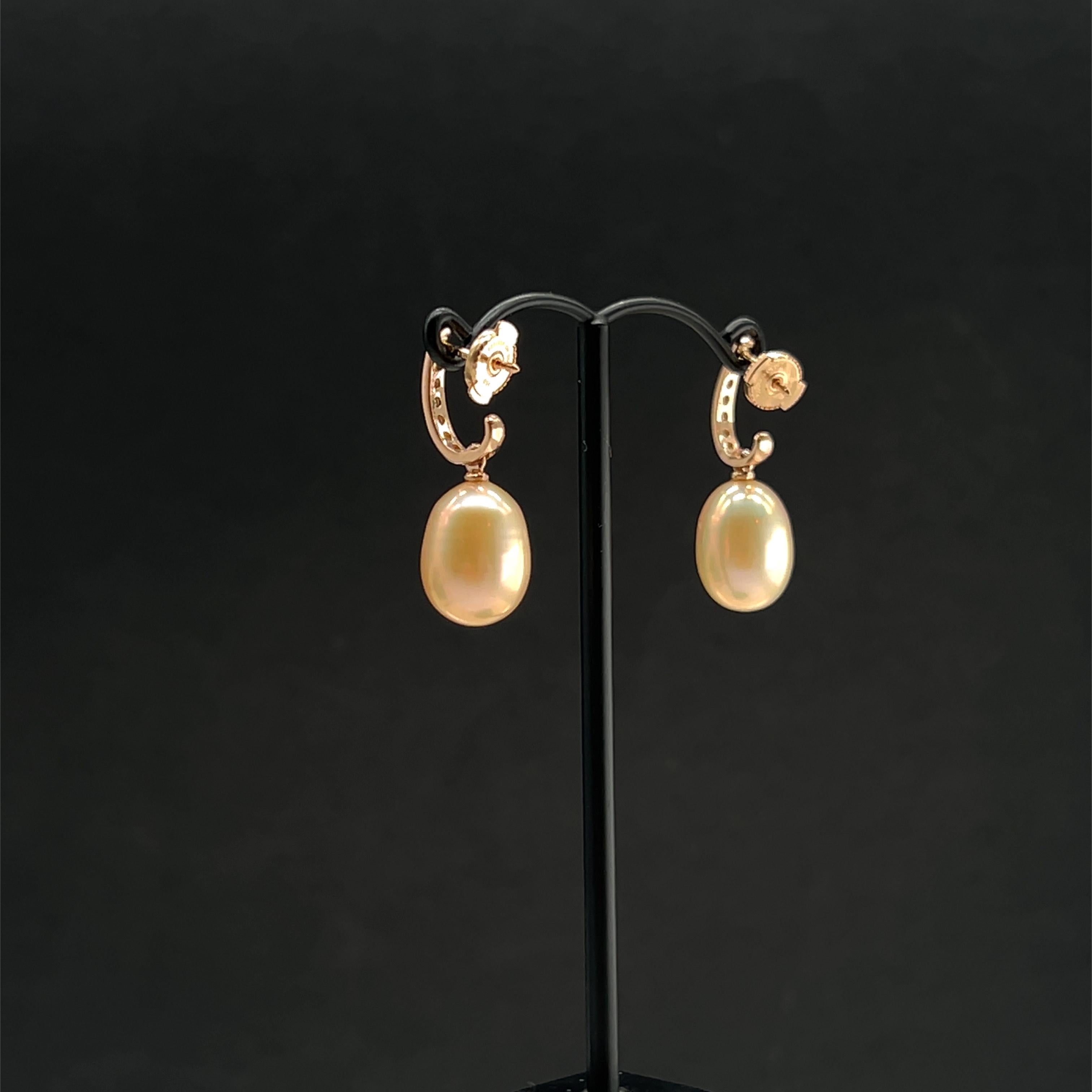 18K Rose Gold Diamond and Baroque Pearl Drop Earrings In New Condition For Sale In Vannes, FR