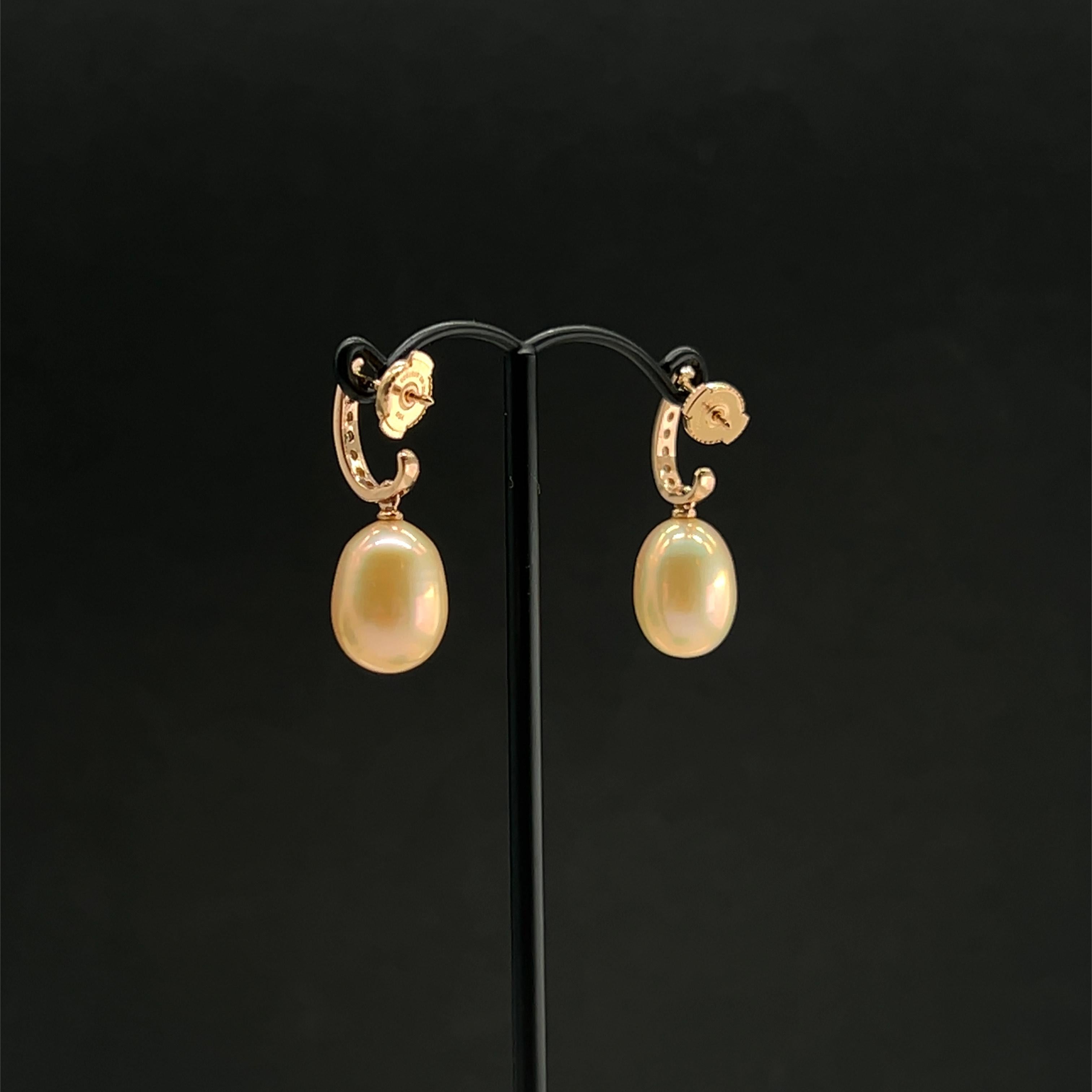 18K Rose Gold Diamond and Baroque Pearl Drop Earrings For Sale 1